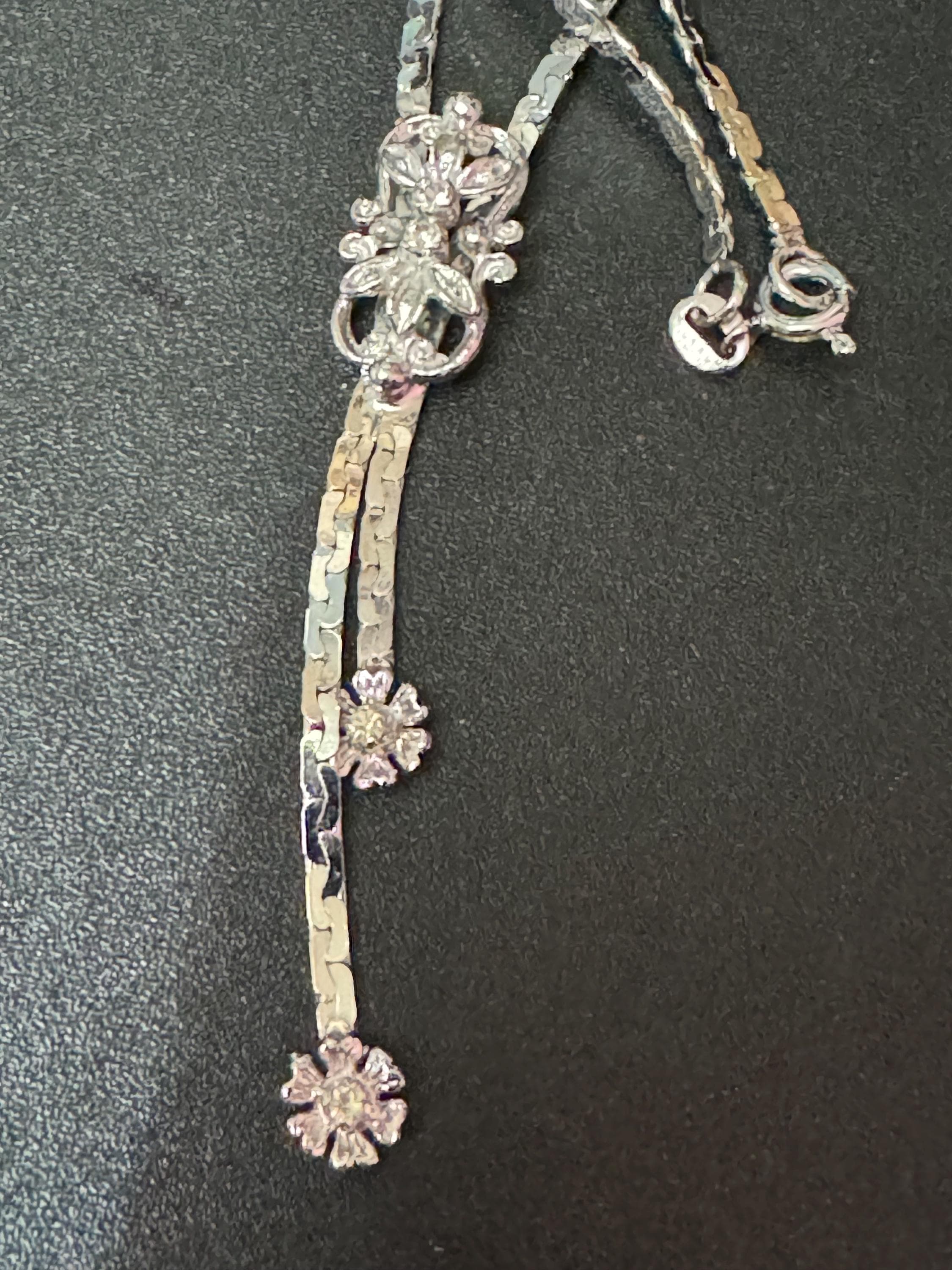 Vintage solid silver 835 minimalist clear diamanté paste stone glass drop flat chain lariat negligee necklace