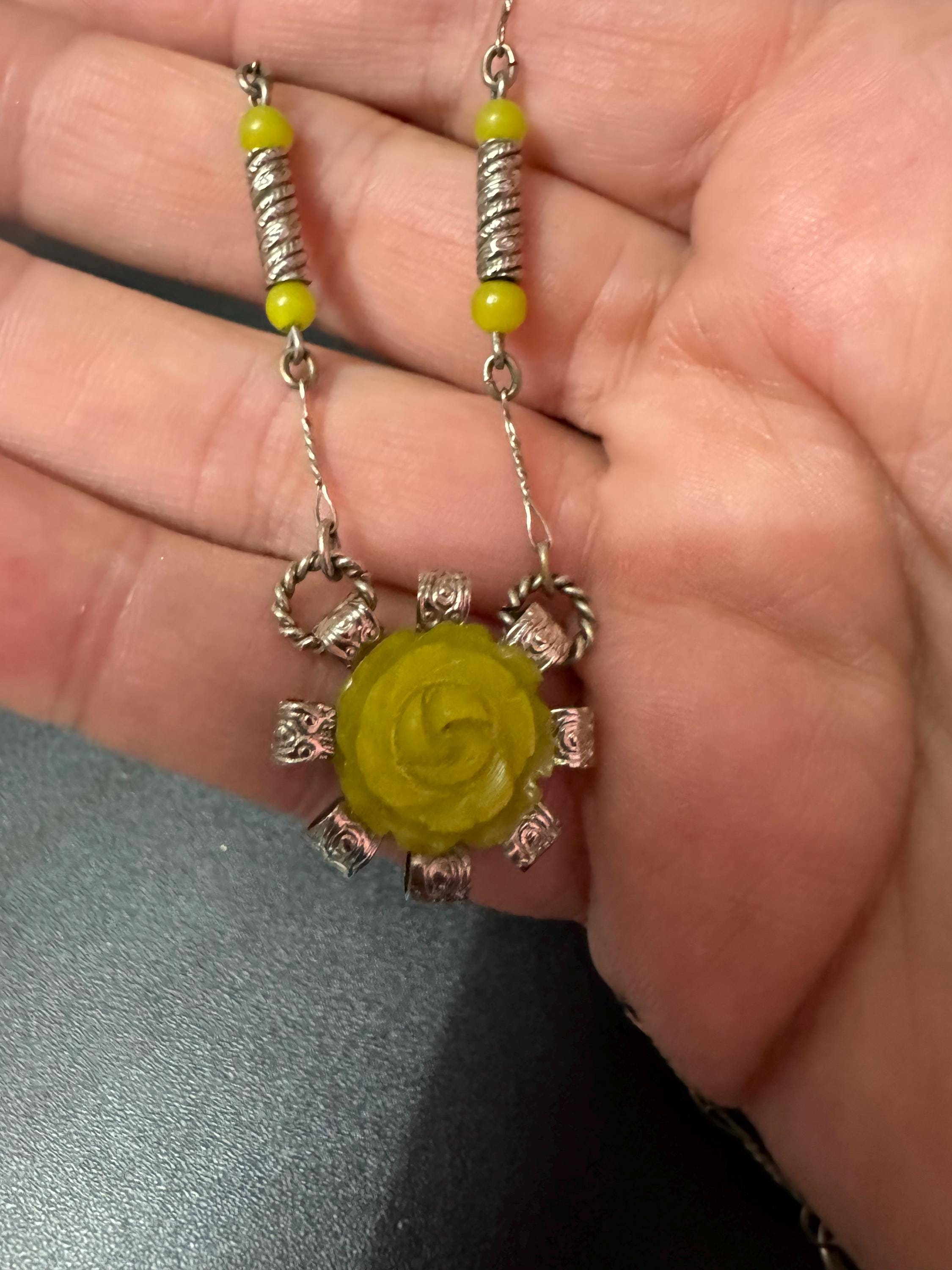 Art Deco Lime Green Galalith Rose Pendant Necklace (45cm)