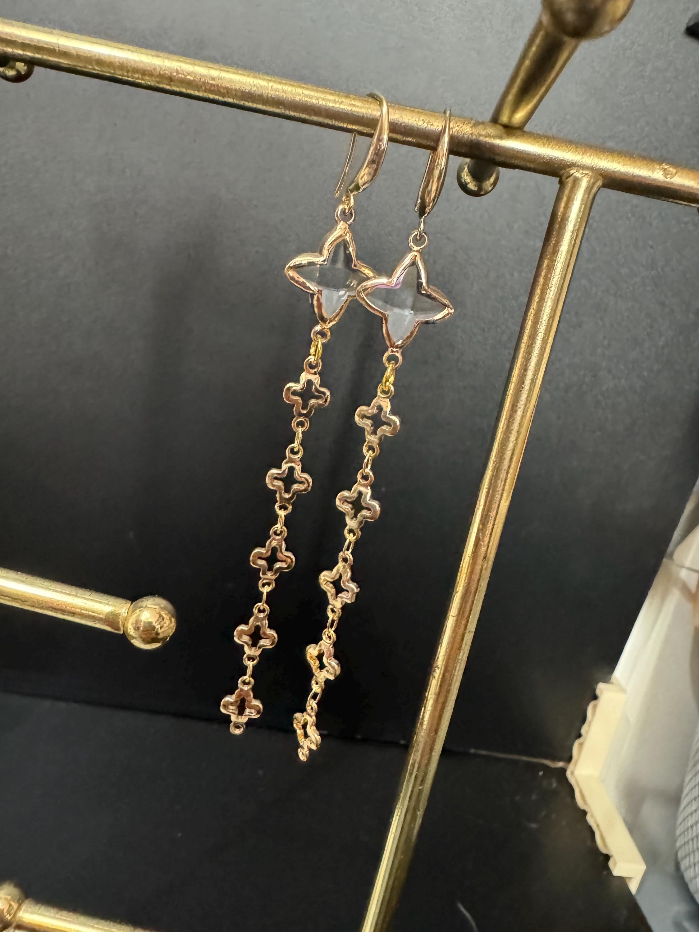 18k Gold plated Clear sparkly diamanté crystal rhinestone long earrings for pierced ears