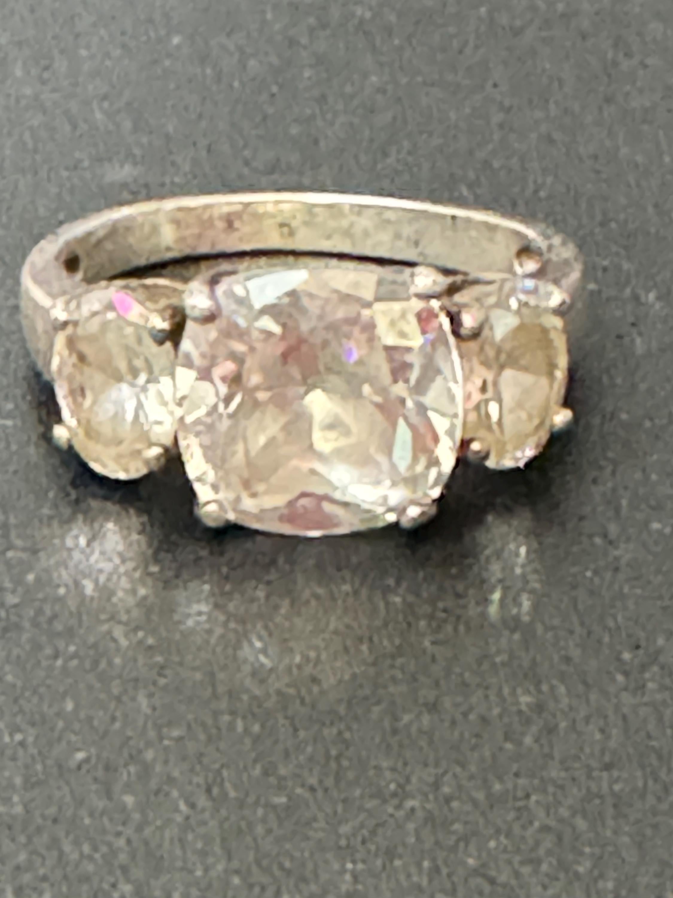 vintage clear square trilogy stone diamanté costume cocktail ring uk size O.5 modernist 925 sterling silver