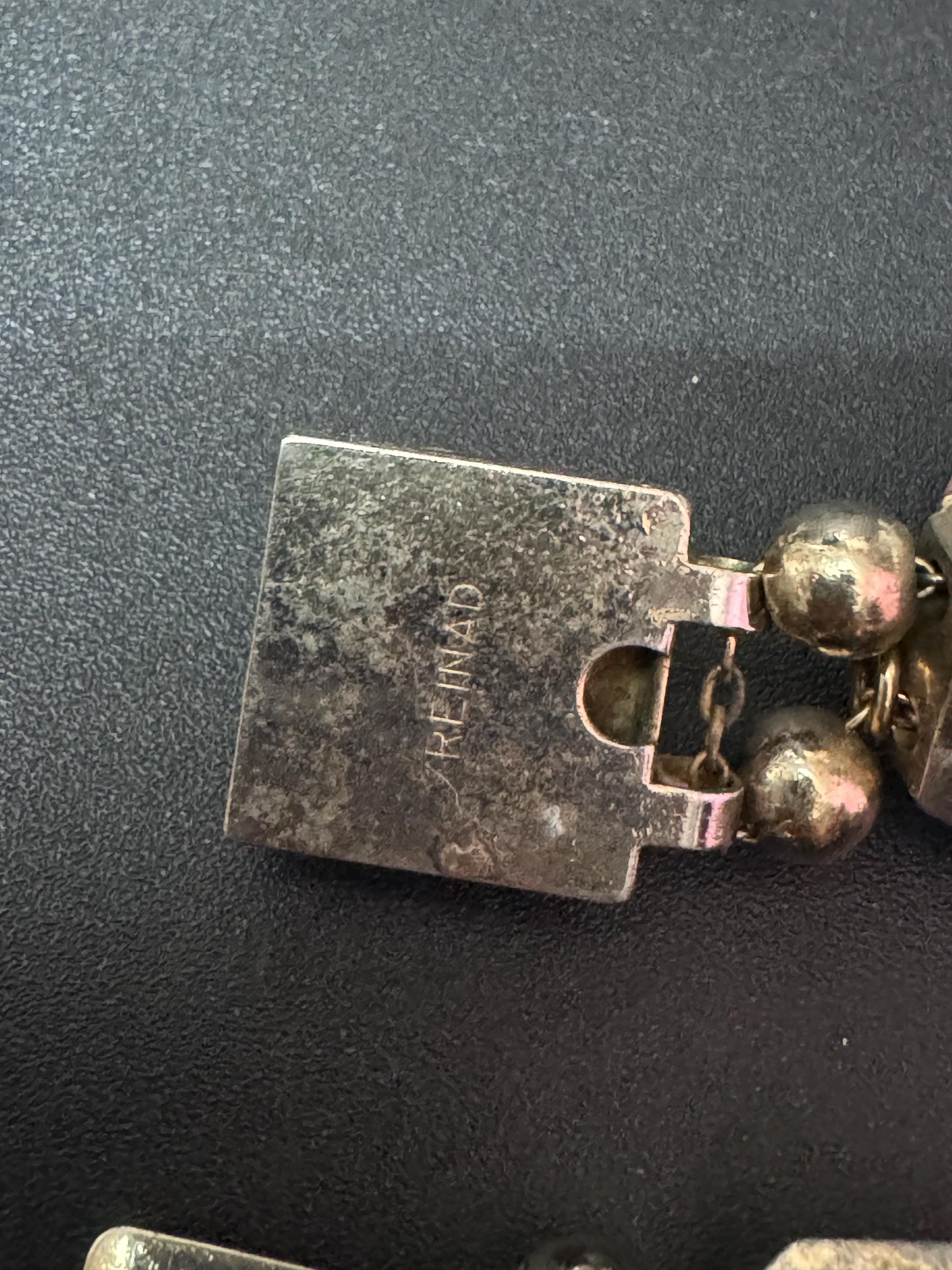 Signed Reinad Vintage Gold tone panel link cameo gemstone charm cabochon bracelet