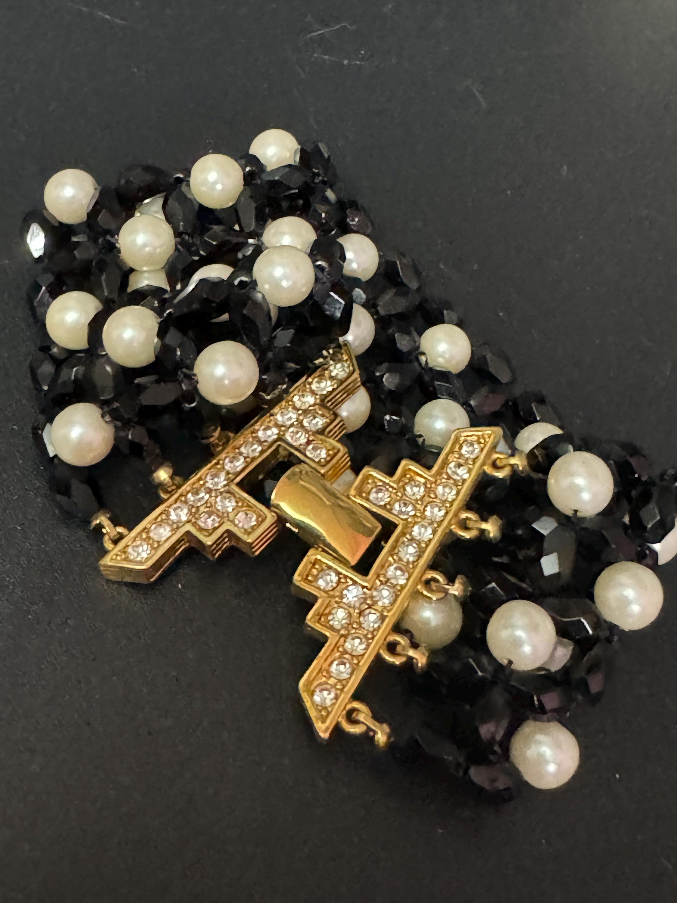 Retro chunky monochrome faux pearl and black glass faceted beaded diamanté wide bracelet