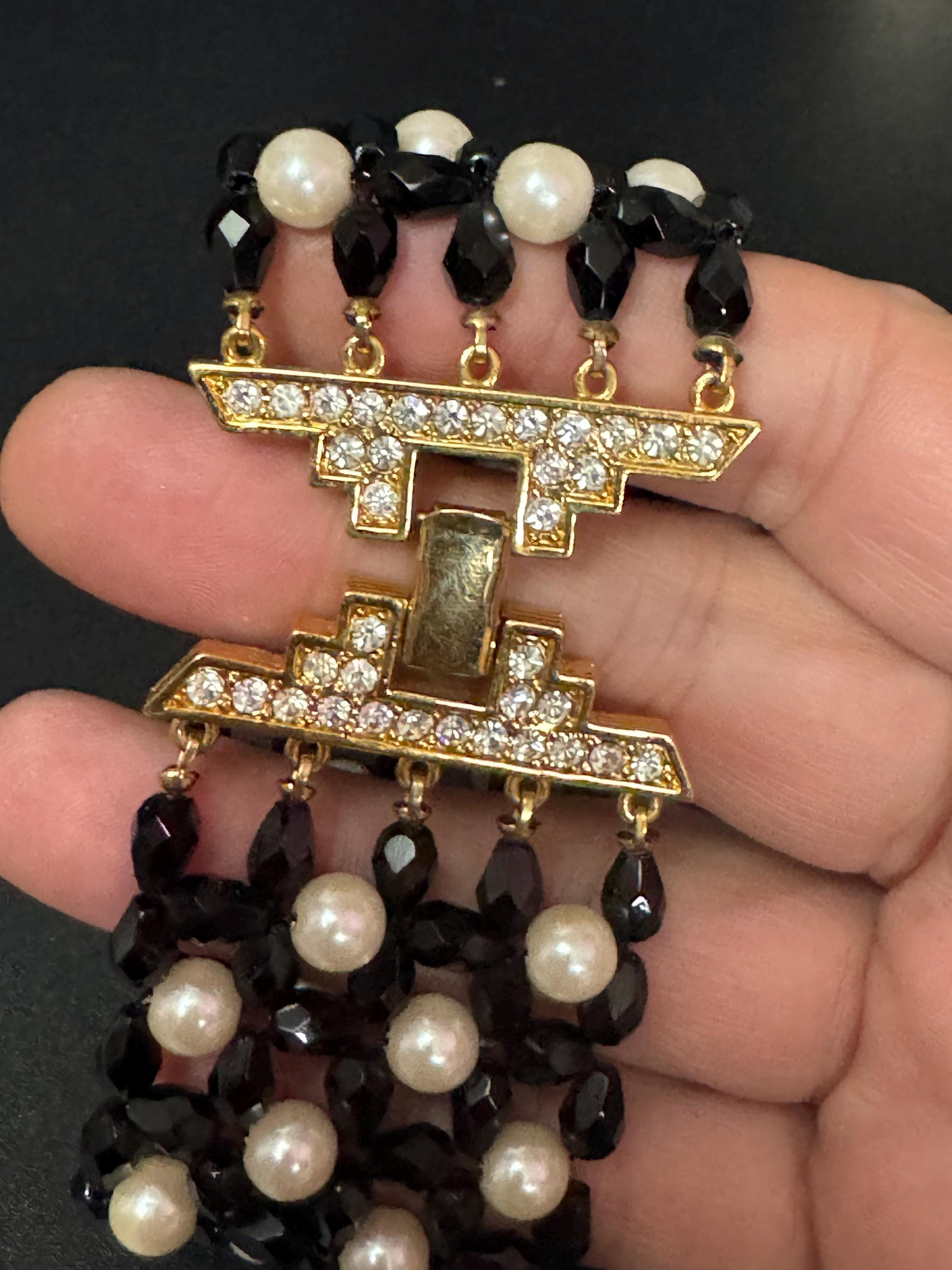 Retro chunky monochrome faux pearl and black glass faceted beaded diamanté wide bracelet