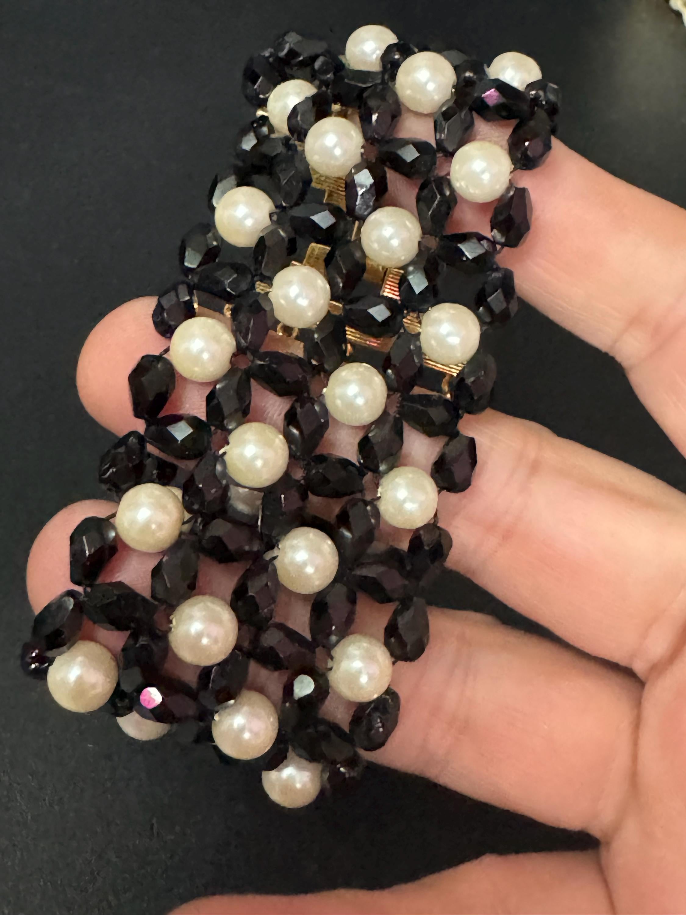 Retro chunky monochrome faux pearl and black glass faceted beaded diamanté wide bracelet