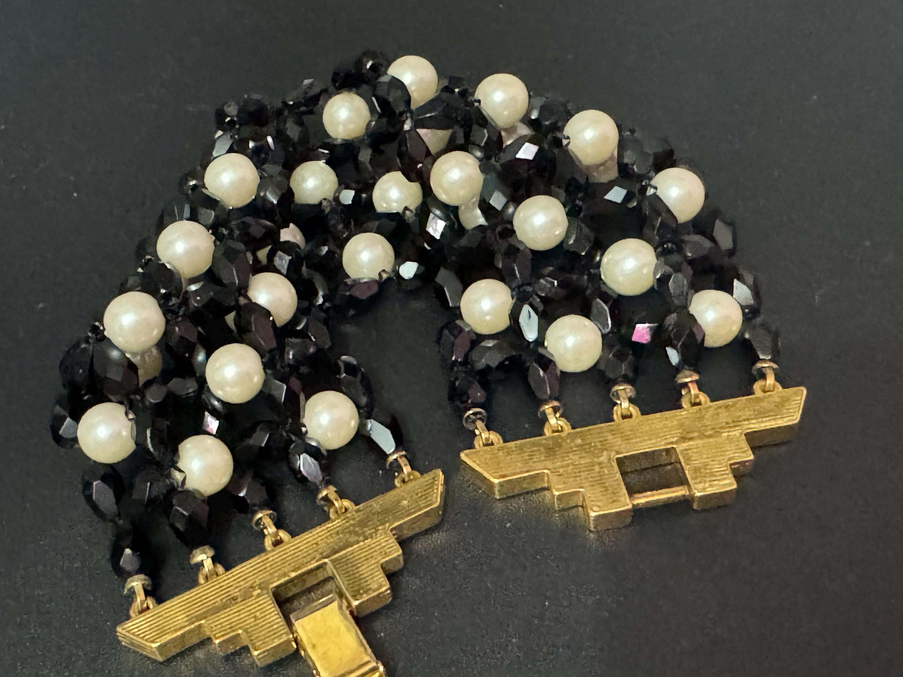 Retro chunky monochrome faux pearl and black glass faceted beaded diamanté wide bracelet