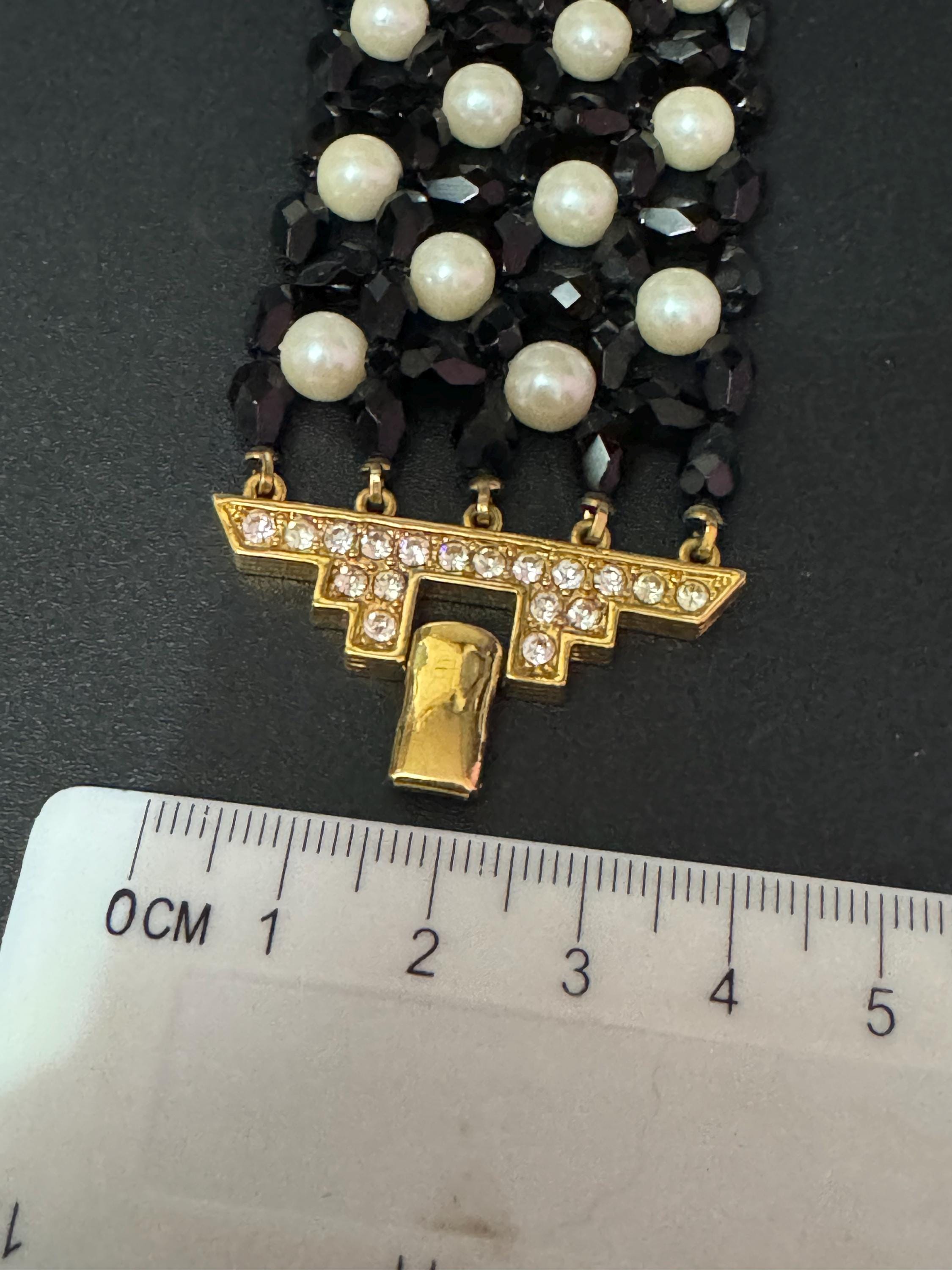 Retro chunky monochrome faux pearl and black glass faceted beaded diamanté wide bracelet