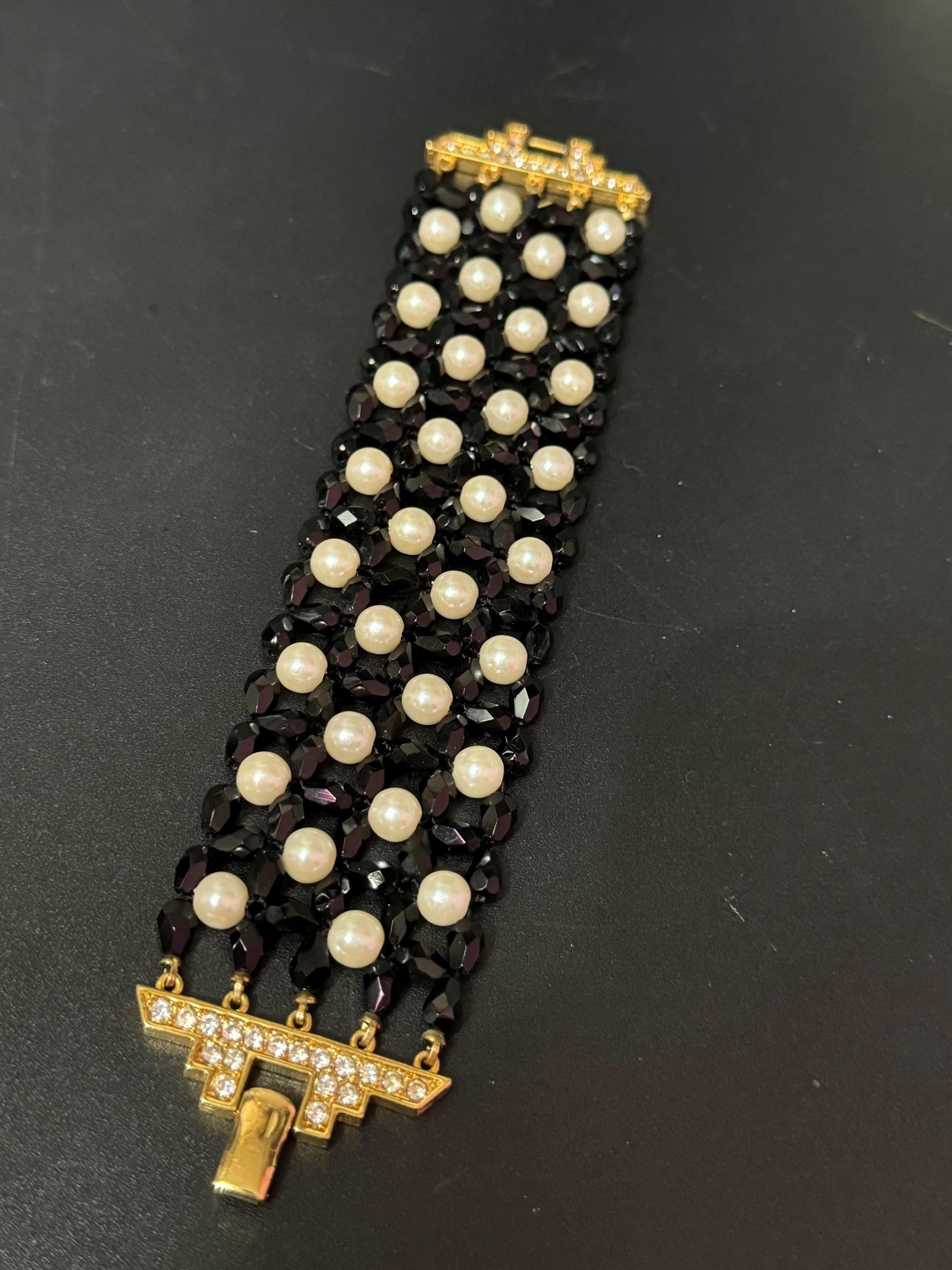 Retro chunky monochrome faux pearl and black glass faceted beaded diamanté wide bracelet