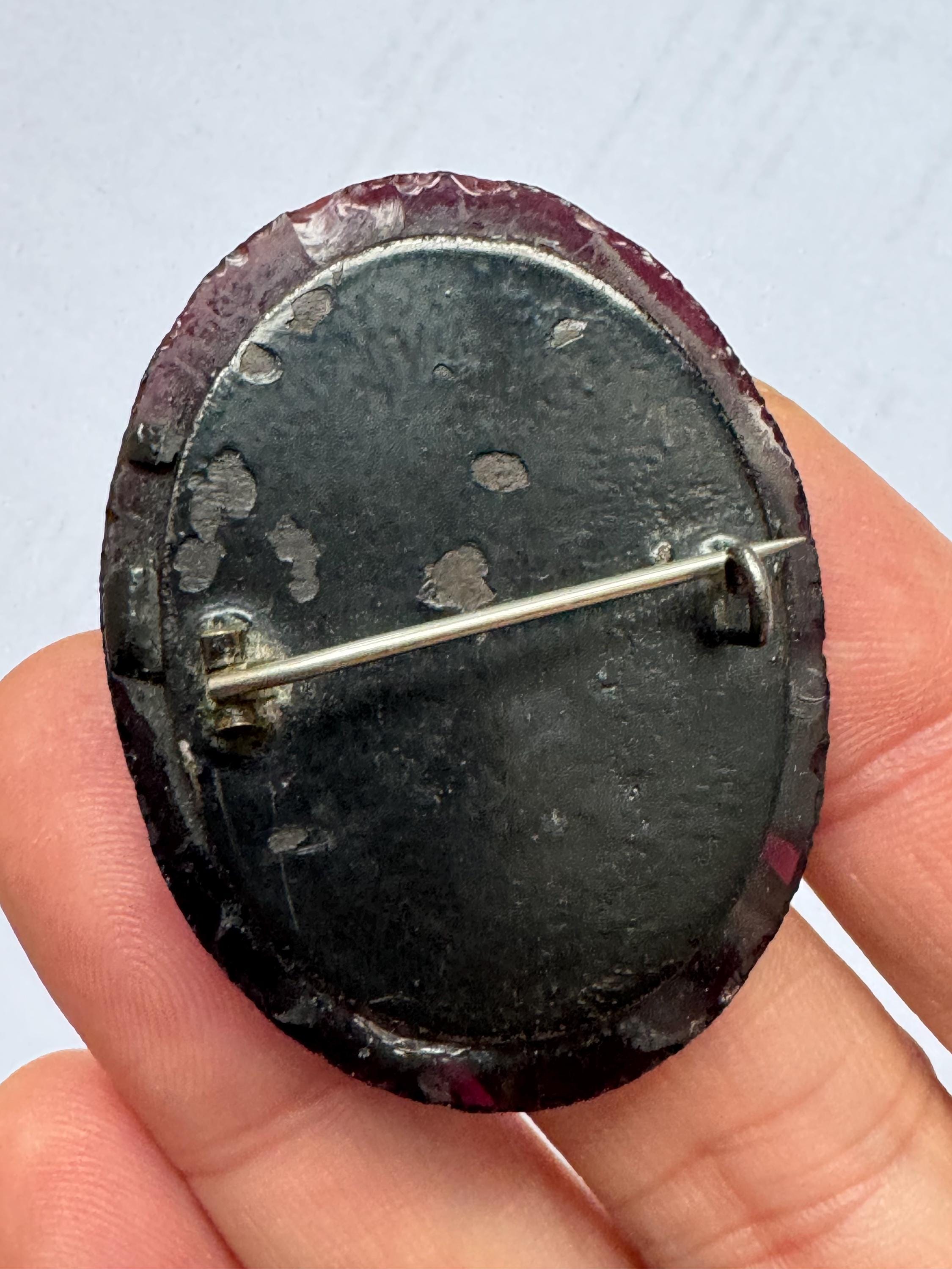 Victorian antique red tinted black glass Oval mourning Brooch c clasp