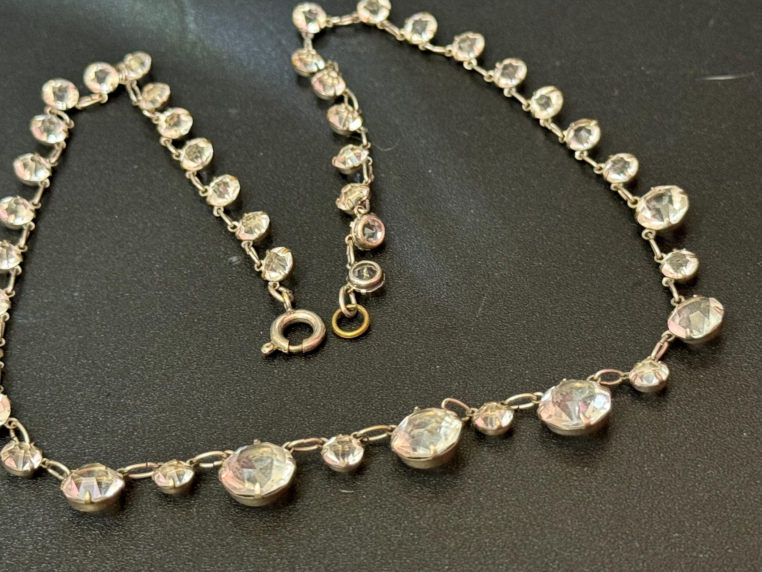 39cm dainty petite fit Art Deco sterling silver open back crystal clear diamanté Paste Rhinestone glass necklace 1920s