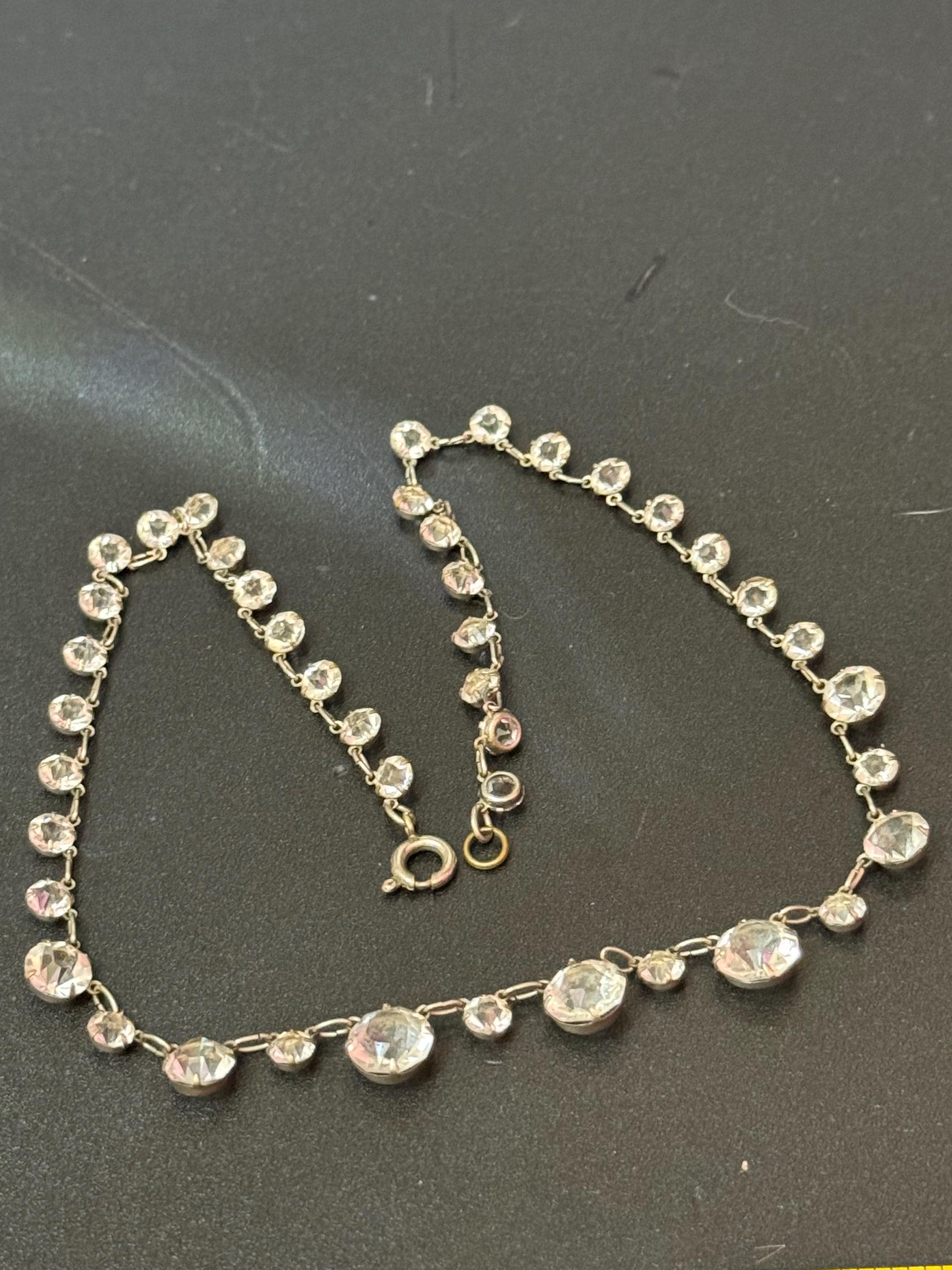 39cm dainty petite fit Art Deco sterling silver open back crystal clear diamanté Paste Rhinestone glass necklace 1920s