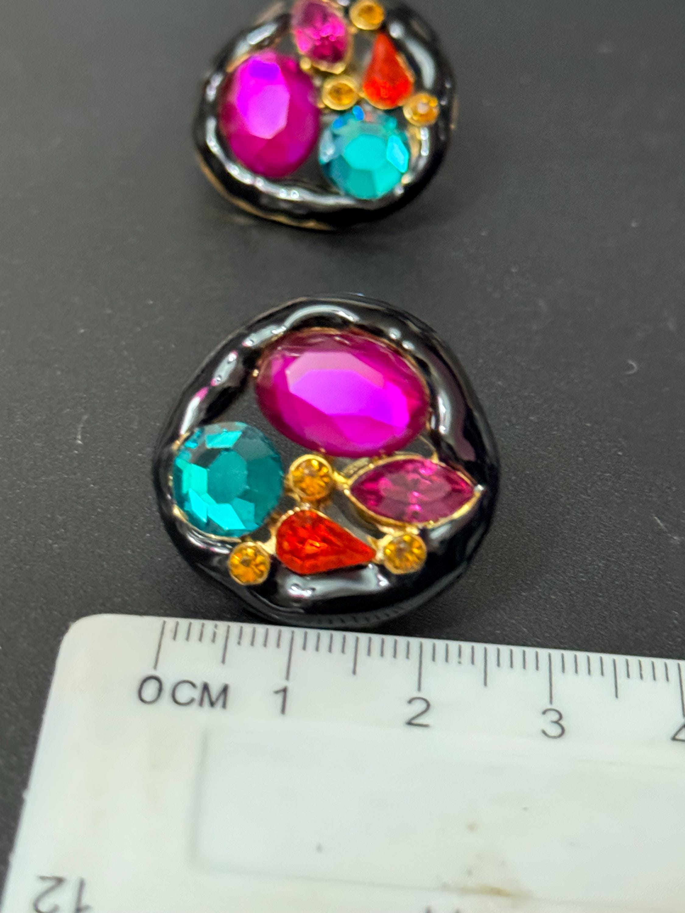 Retro 1980s Gold tone Black enamel and rainbow crystal diamanté Paste pair stud earrings for pierced ears