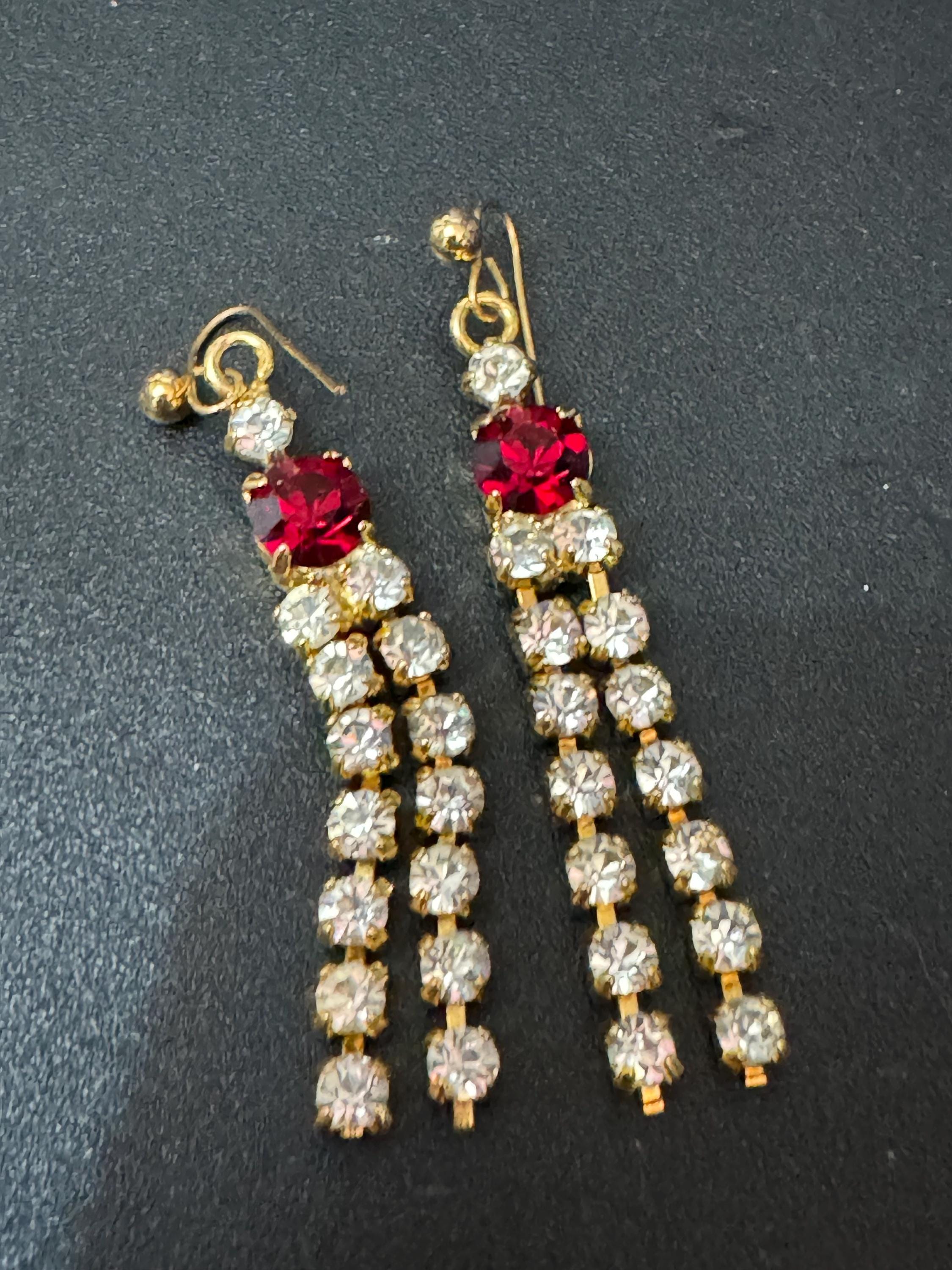 Vintage Ruby Red Glass Diamanté Waterfall Earrings