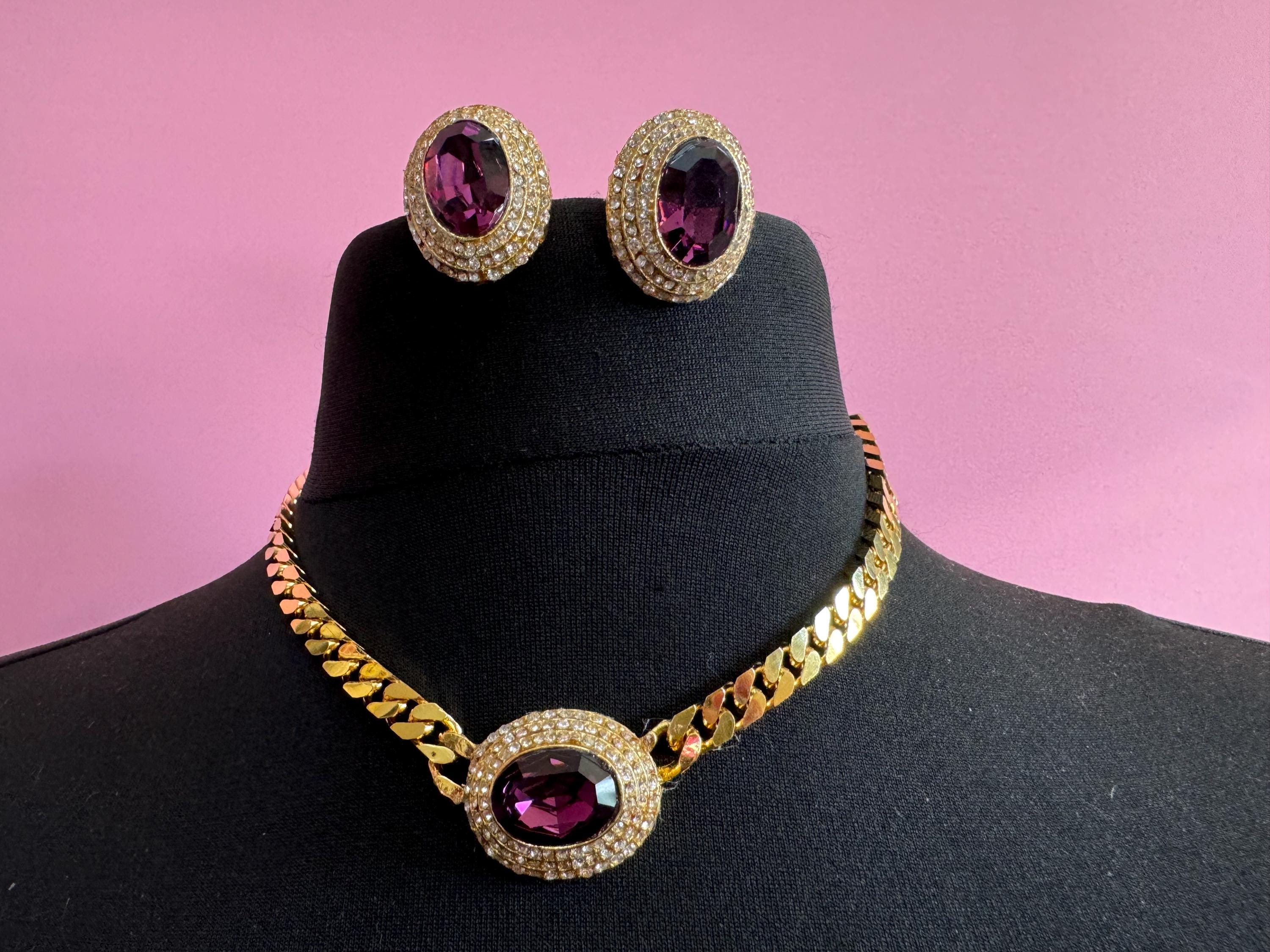 Vintage Swarovski Crystal Necklace & Clip On Earrings: Gold Tone Jewelry Set