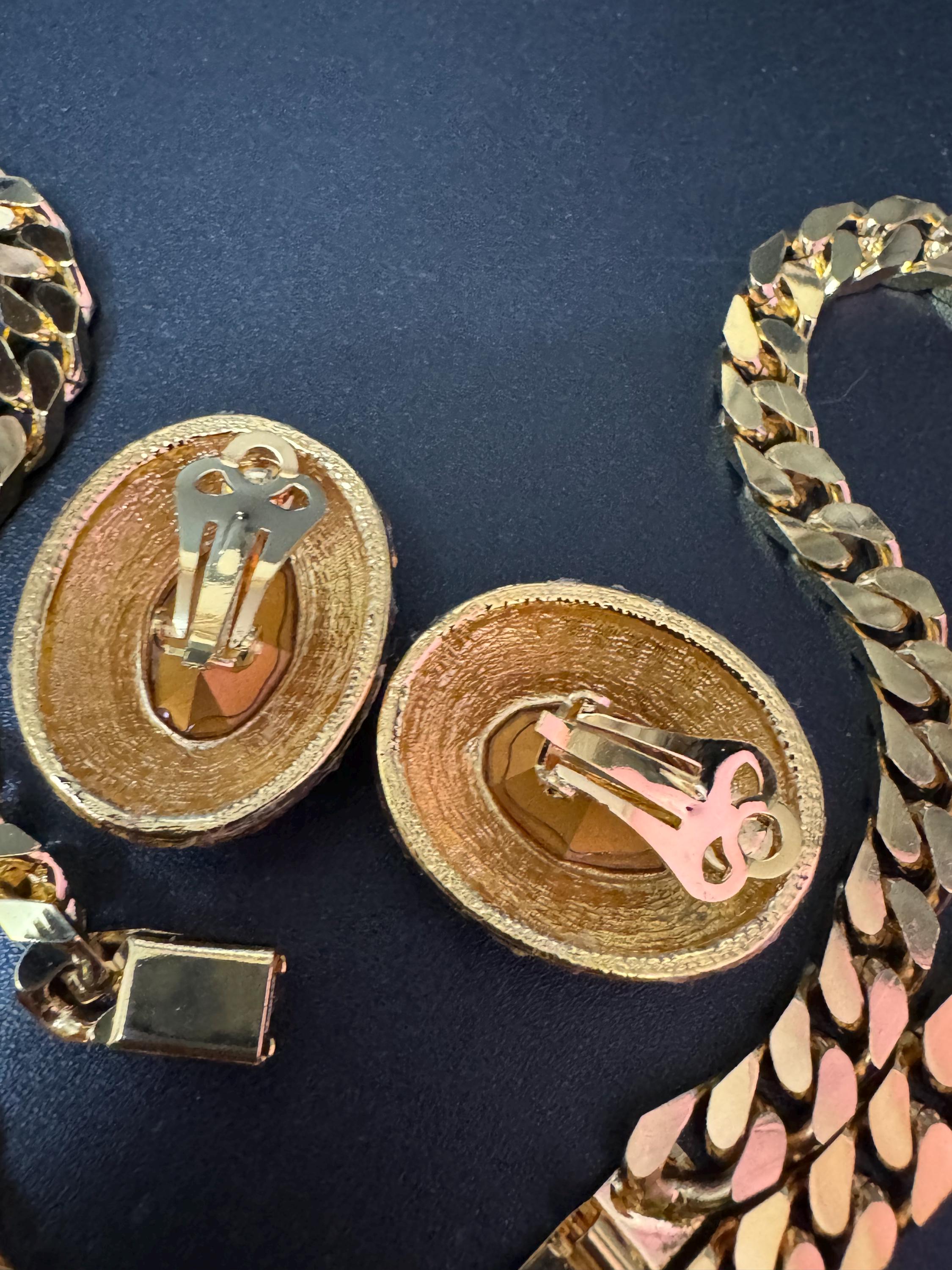 Vintage Swarovski Crystal Necklace & Clip On Earrings: Gold Tone Jewelry Set