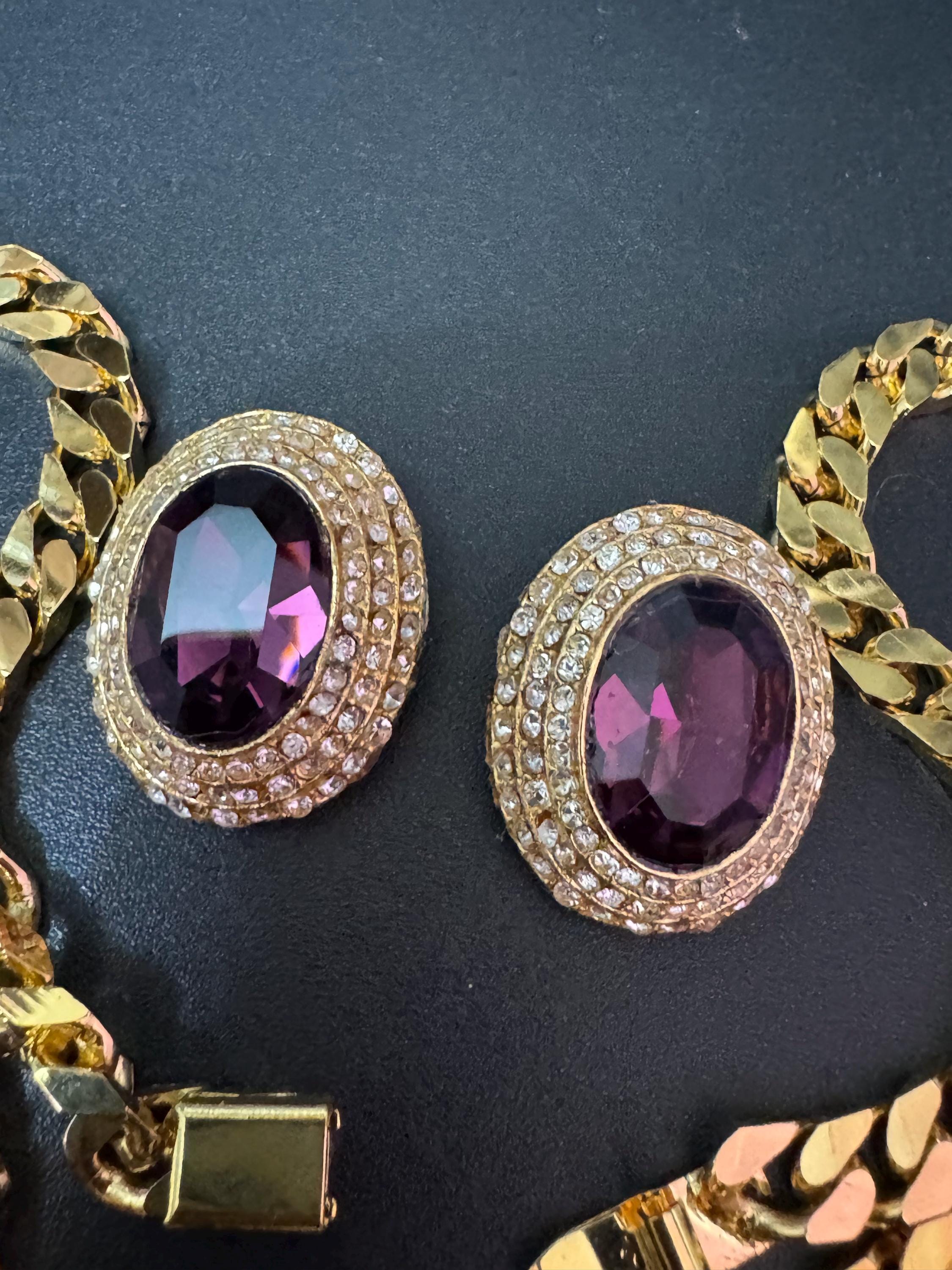 Vintage Swarovski Crystal Necklace & Clip On Earrings: Gold Tone Jewelry Set