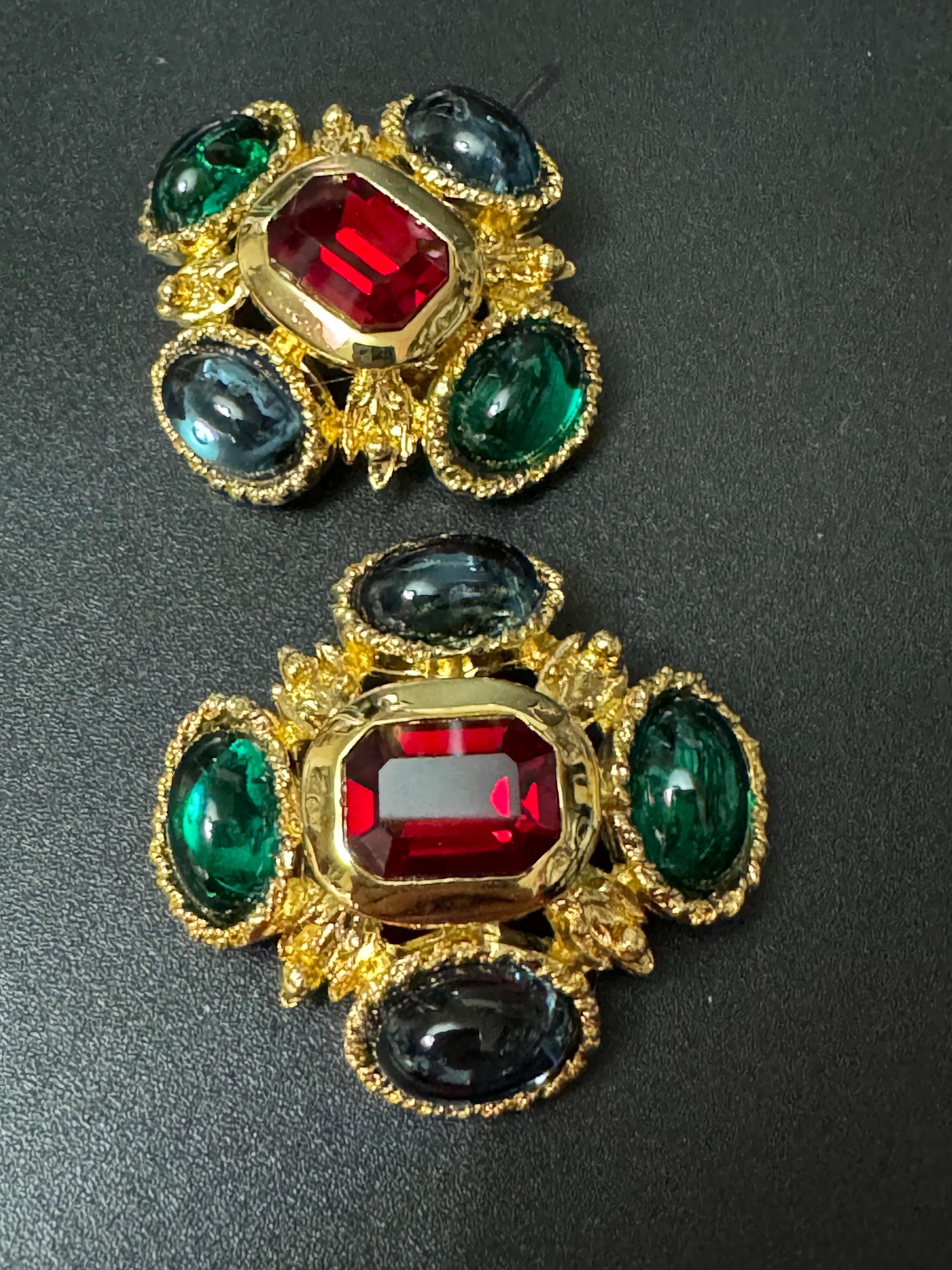 vintage oversized 4cm Gold tone ruby red and emerald green sapphire blue Swarovski crystal cabochon cross earrings 1980s