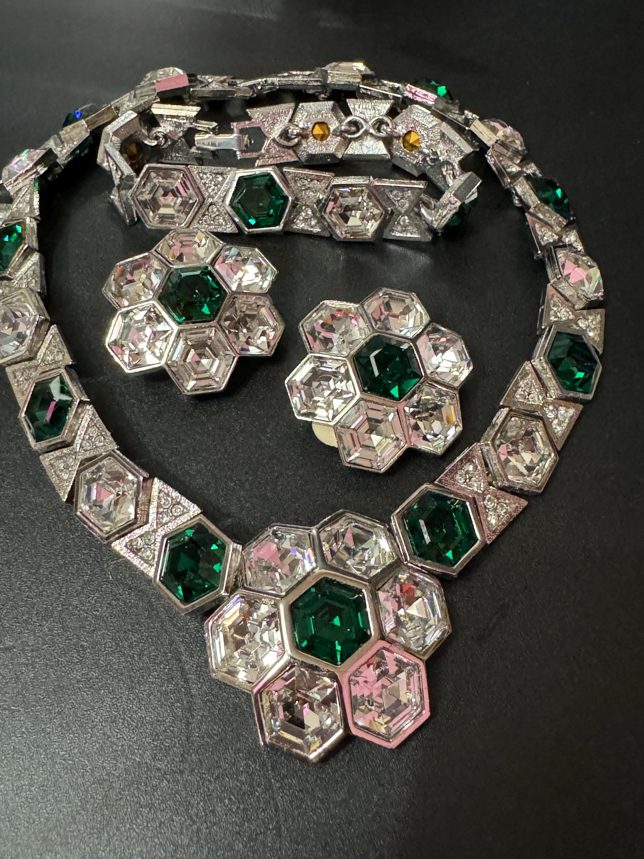 vintage Diamanté silver tone octagonal emerald green Swarovski crystal cocktail necklace bracelet and a clip on earrings jewellery set