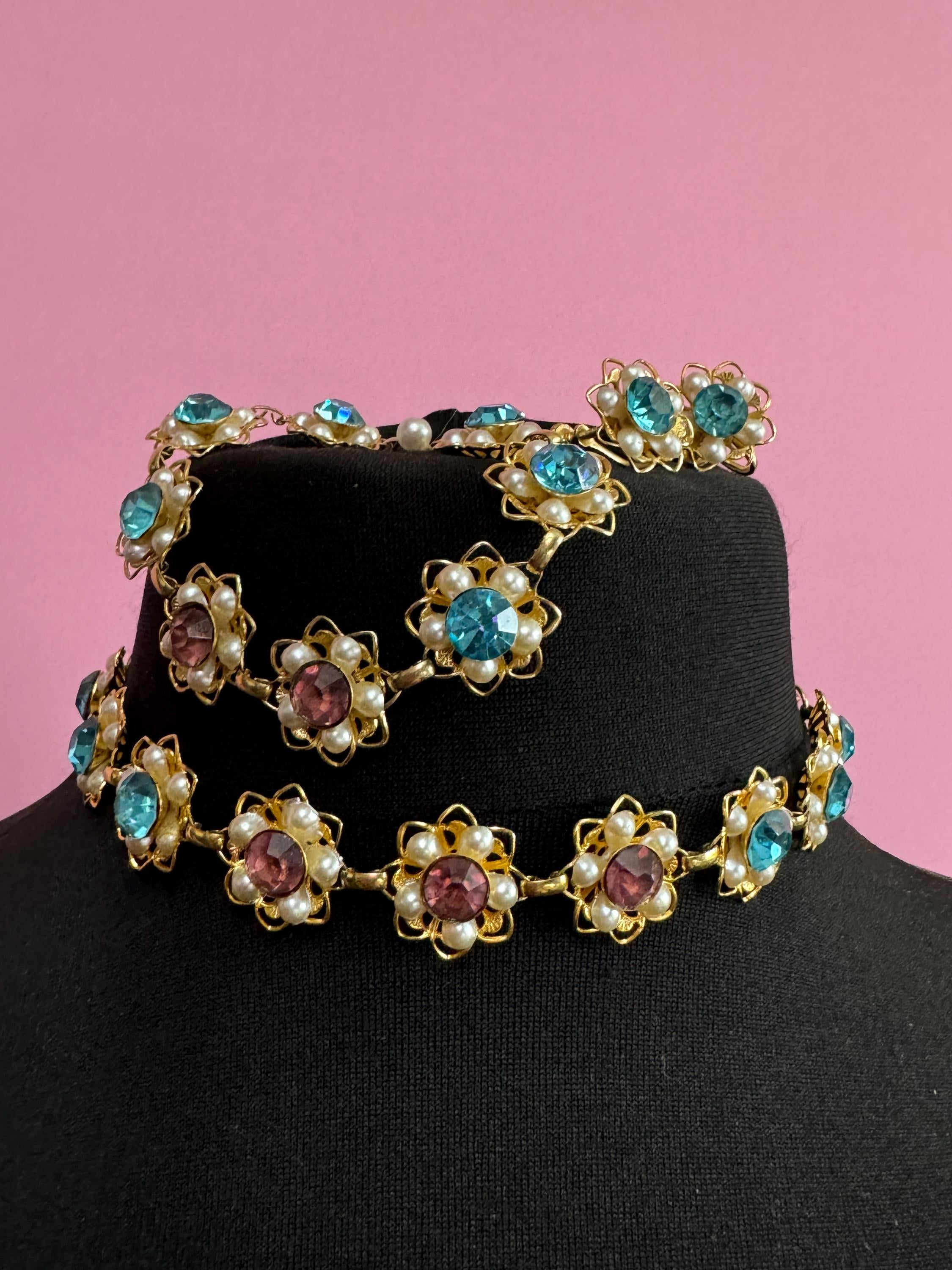 Vintage Faux Pearl Floral Jewelry Set: Necklace, Bracelet & Earrings