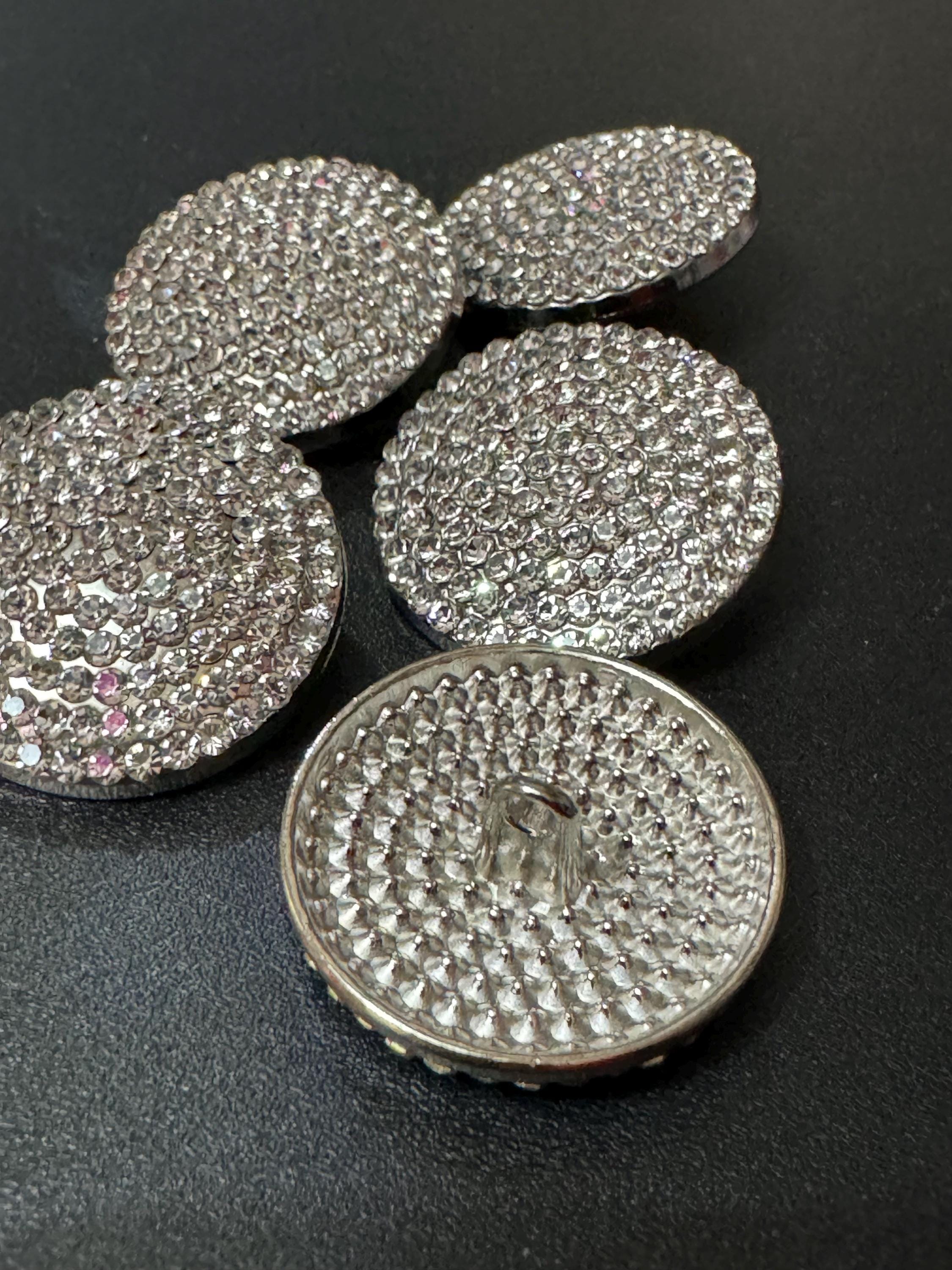 26mm diamanté low domed buttons, Set of 5 silver tone