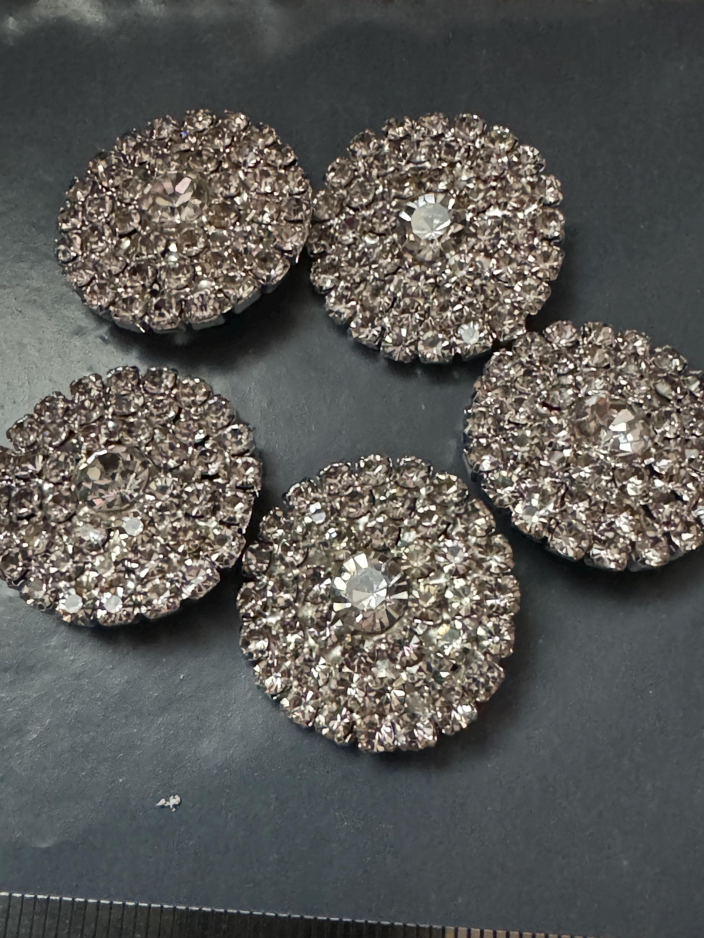 24mm clear diamanté buttons, set 5 low domed silver tone