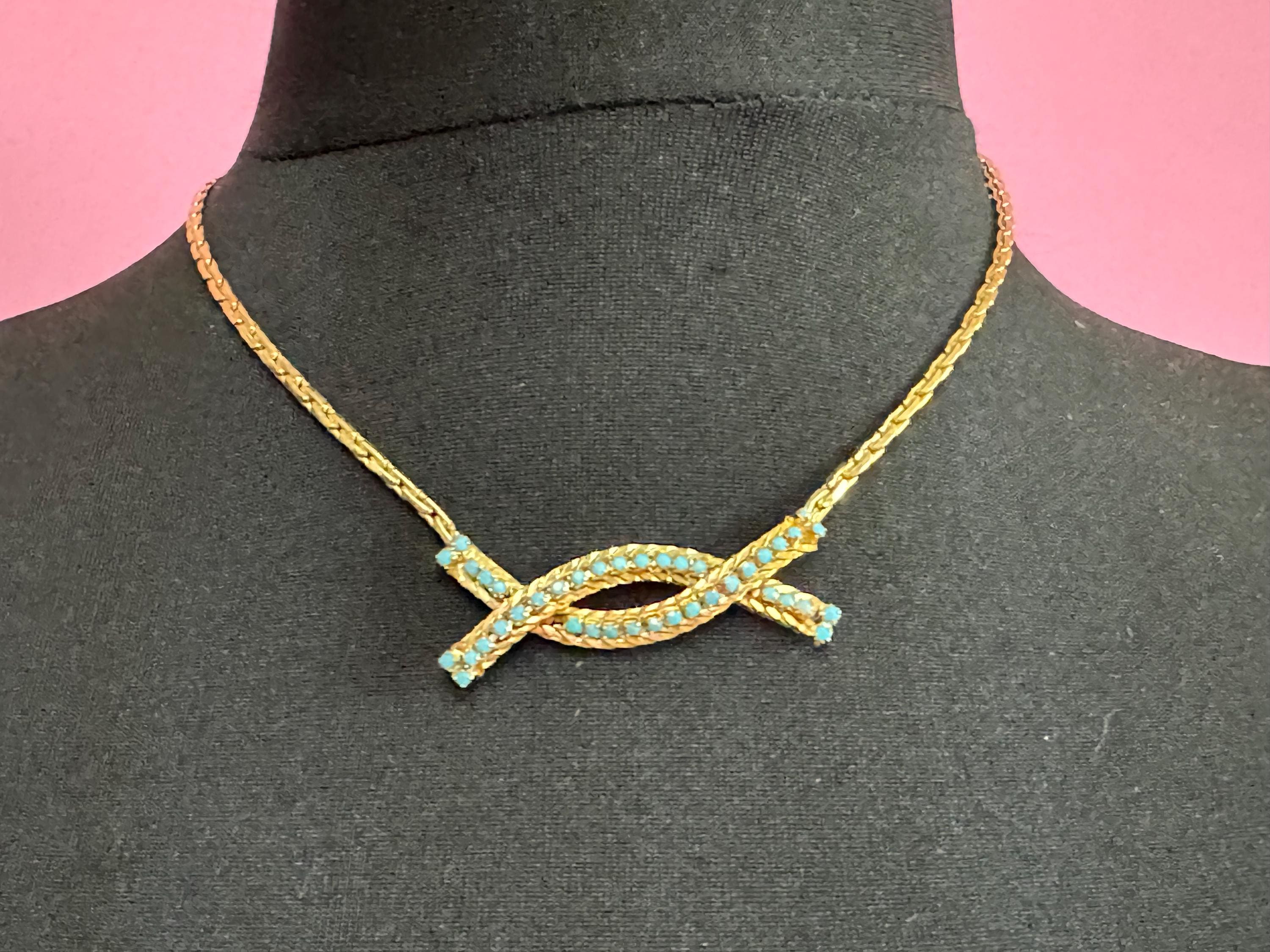 Vintage gold tone mesh collar necklace with turquoise glass paste stones