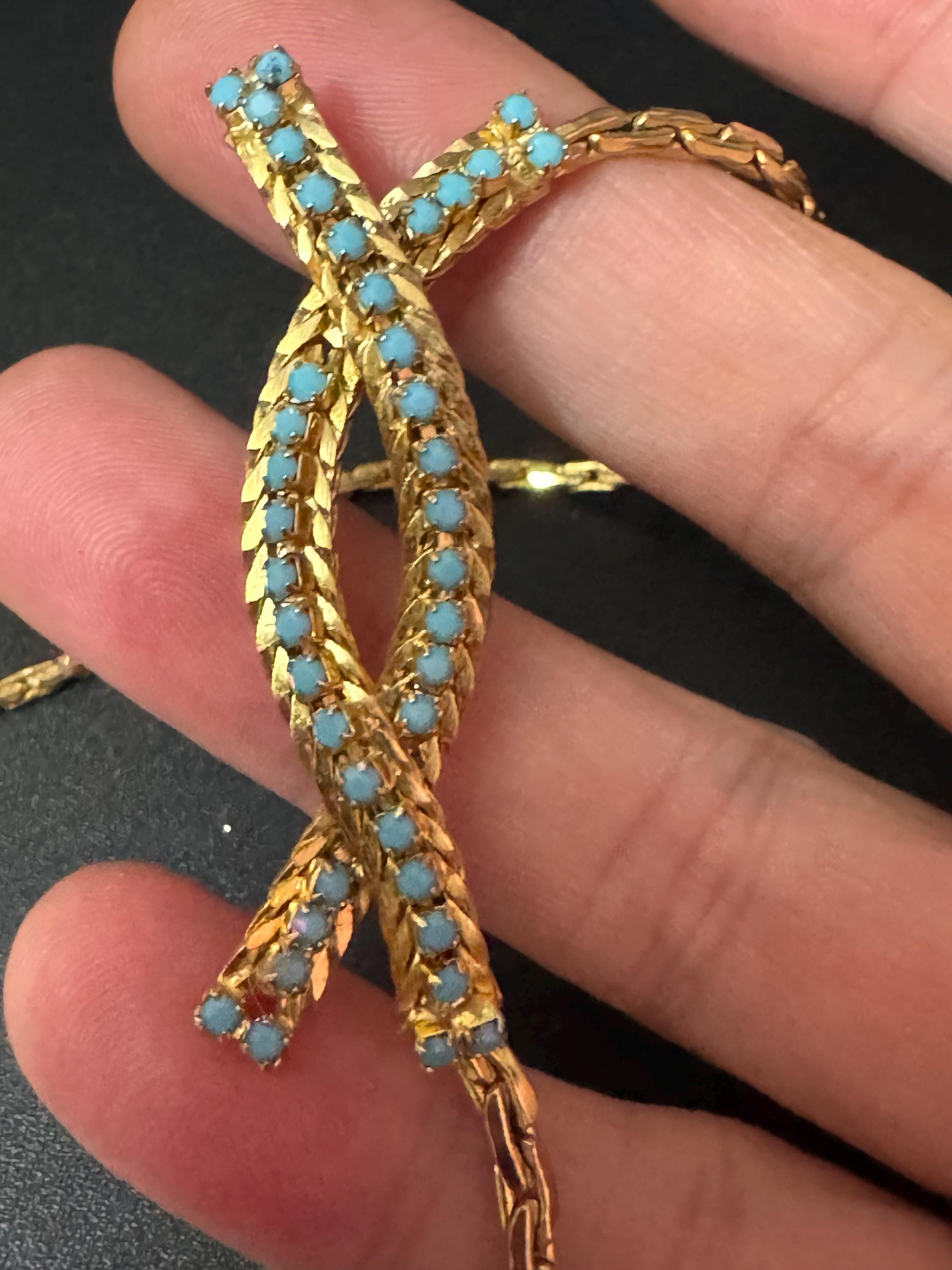 Vintage gold tone mesh collar necklace with turquoise glass paste stones