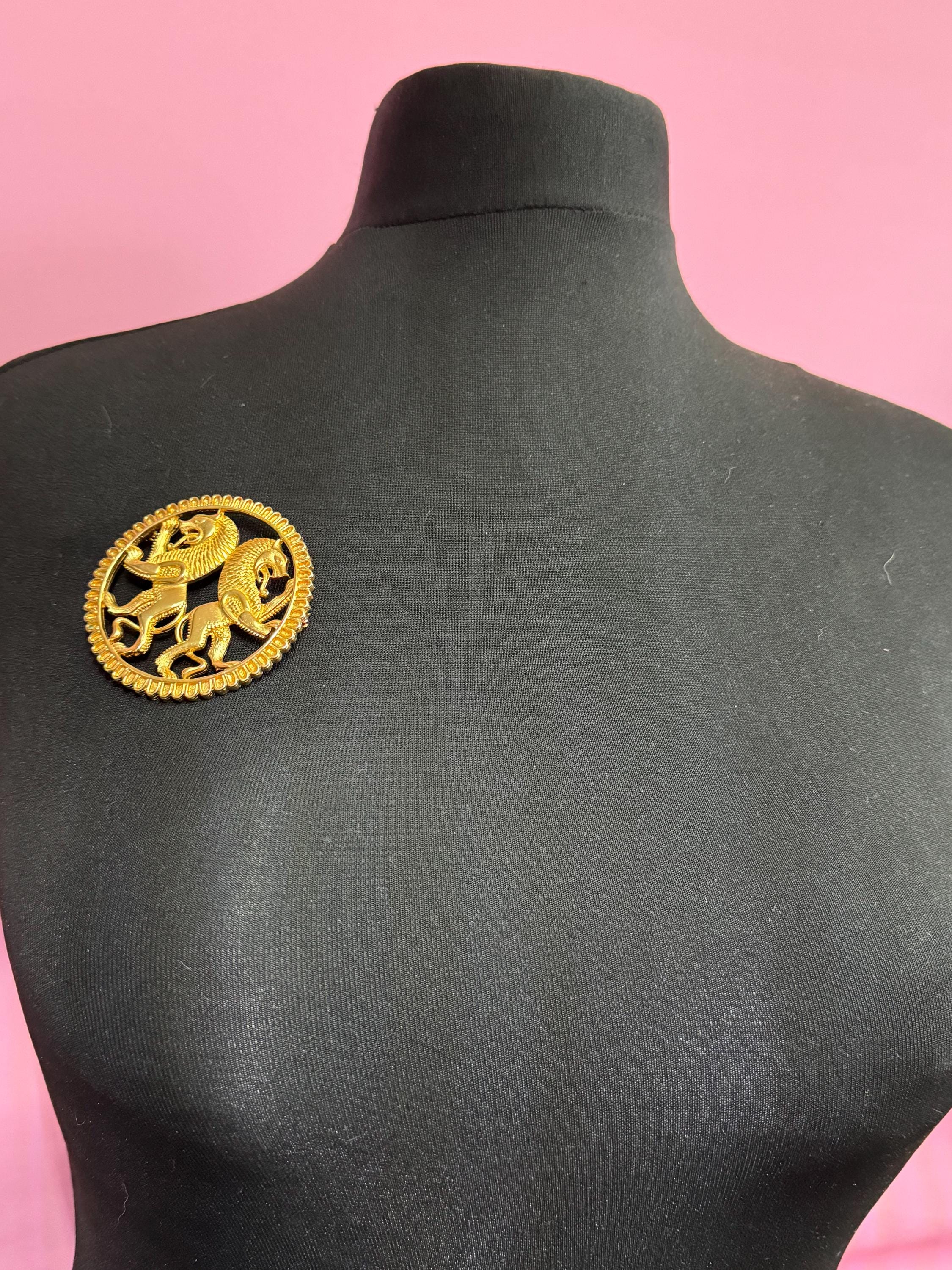 Vintage 1960s Gold Plated Rampant Lions Brooch - Jennifer Gibson XL Openwork