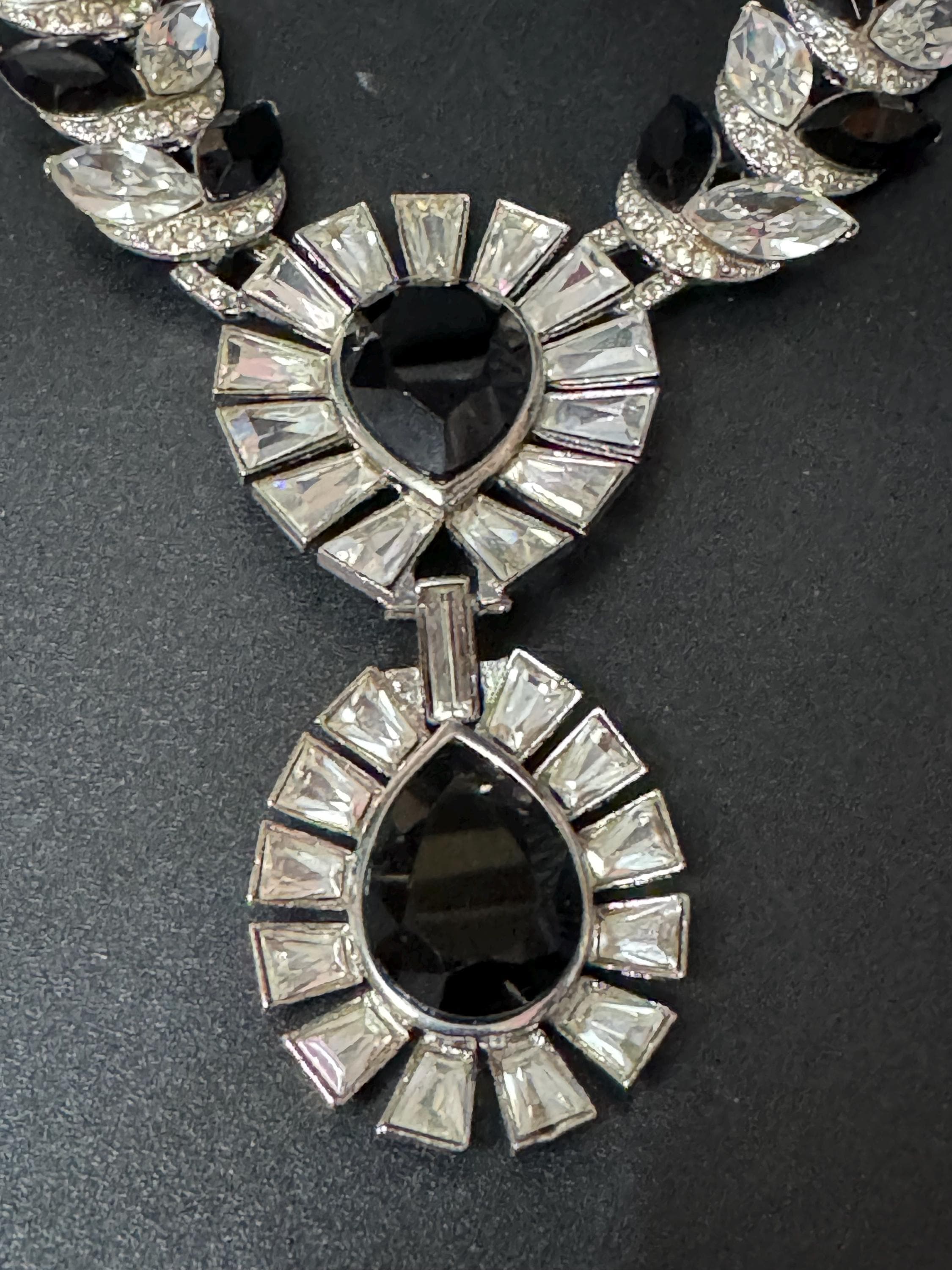 Petite fit Vintage black and clear genuine Swarovski crystal teardrop silver tone necklace and oversized clip on earrings jewellery set