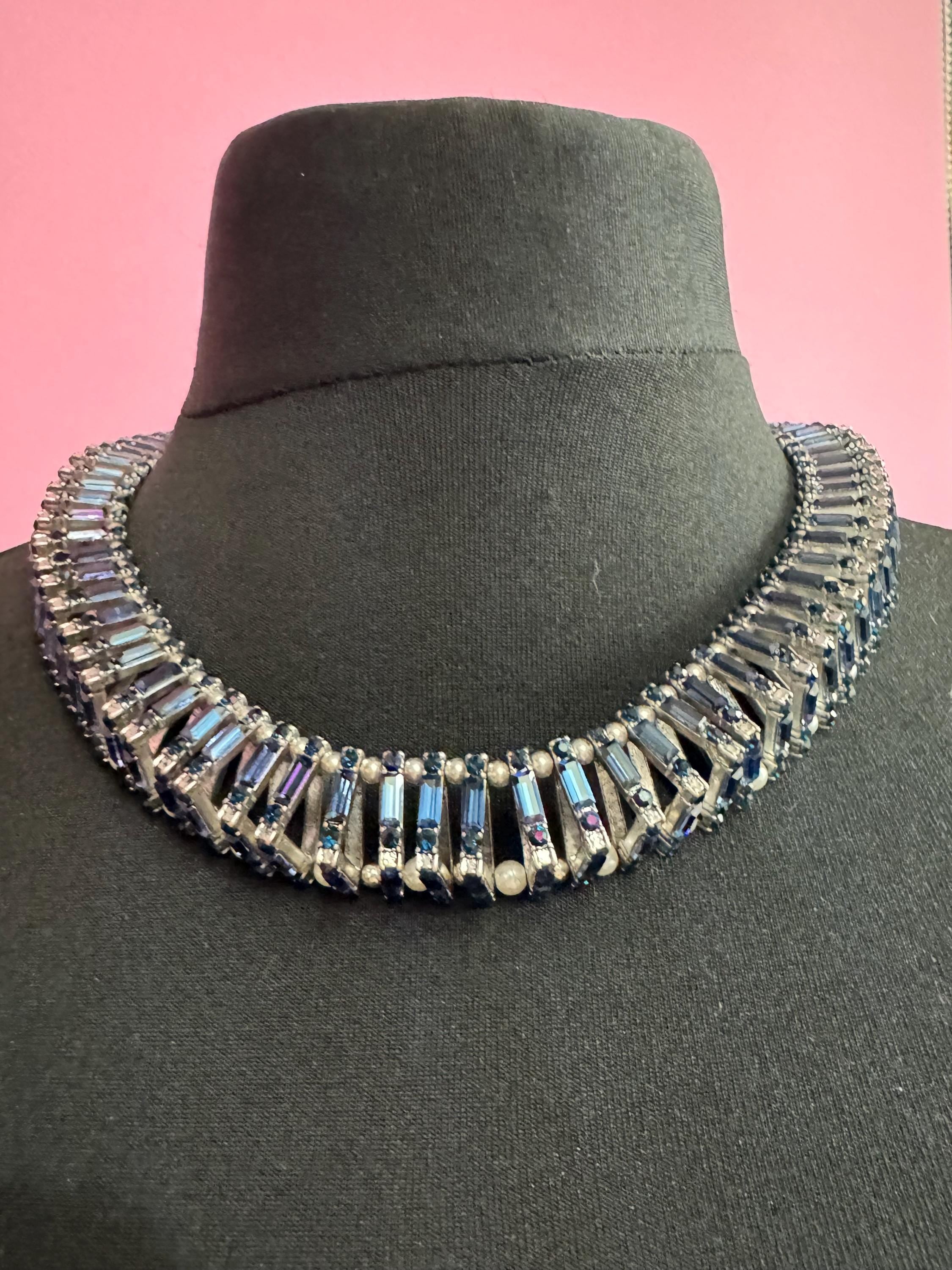 Retro Rhinestone Choker: Dark Petrol Blue Sapphire Crystal, Faux Pearl