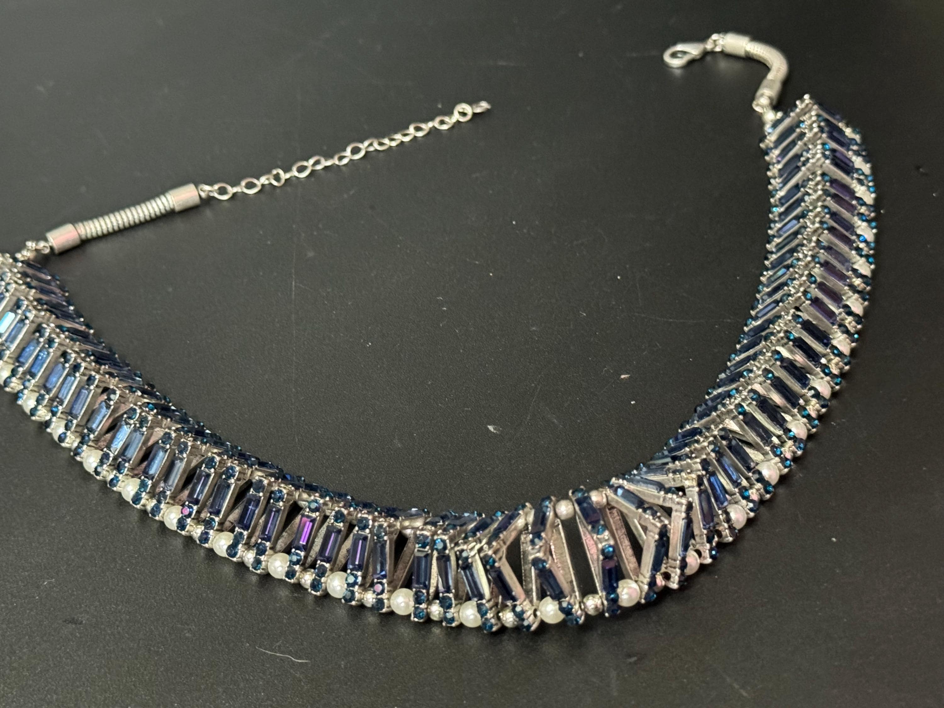 Retro Rhinestone Choker: Dark Petrol Blue Sapphire Crystal, Faux Pearl