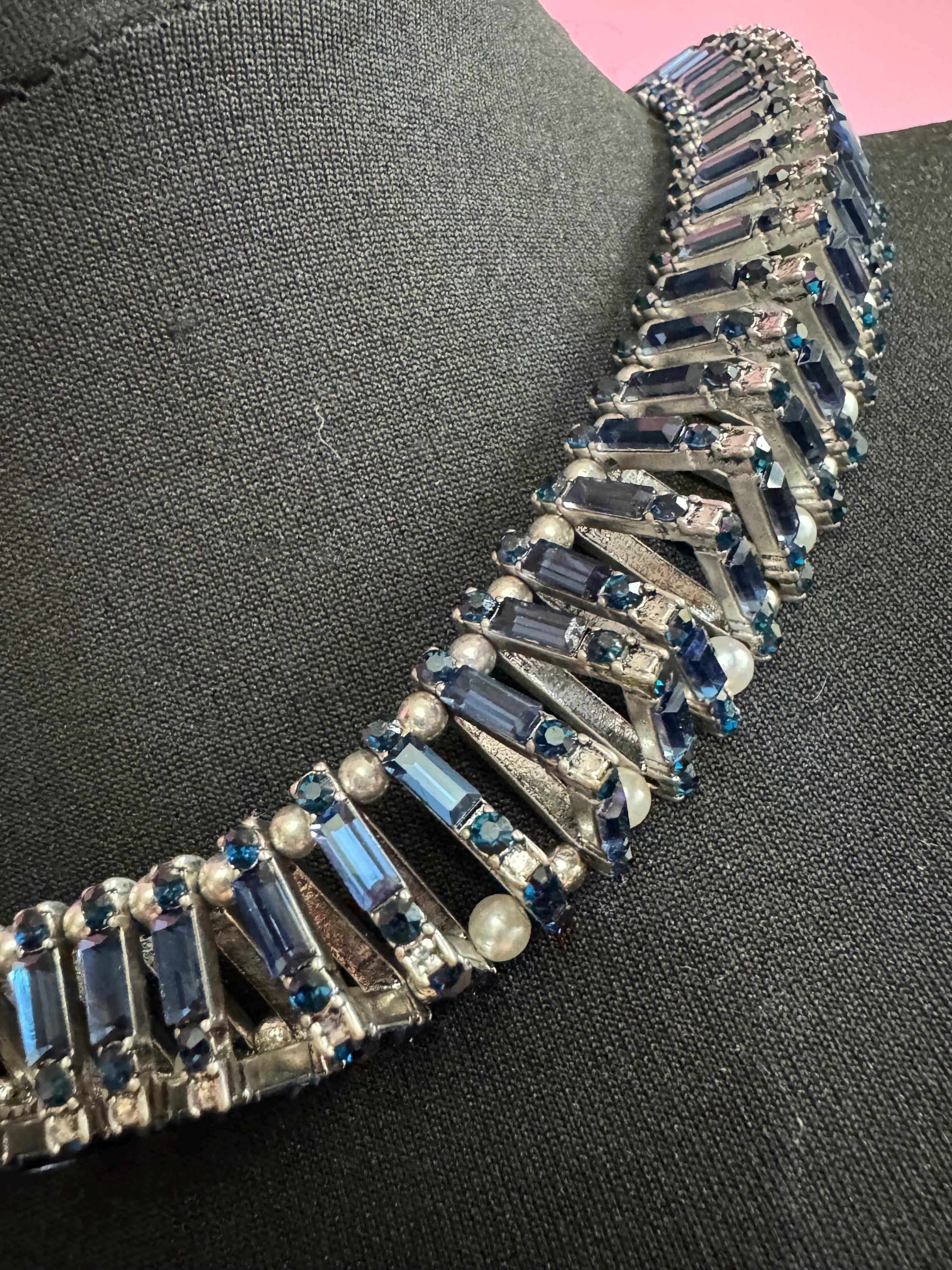 Retro Rhinestone Choker: Dark Petrol Blue Sapphire Crystal, Faux Pearl