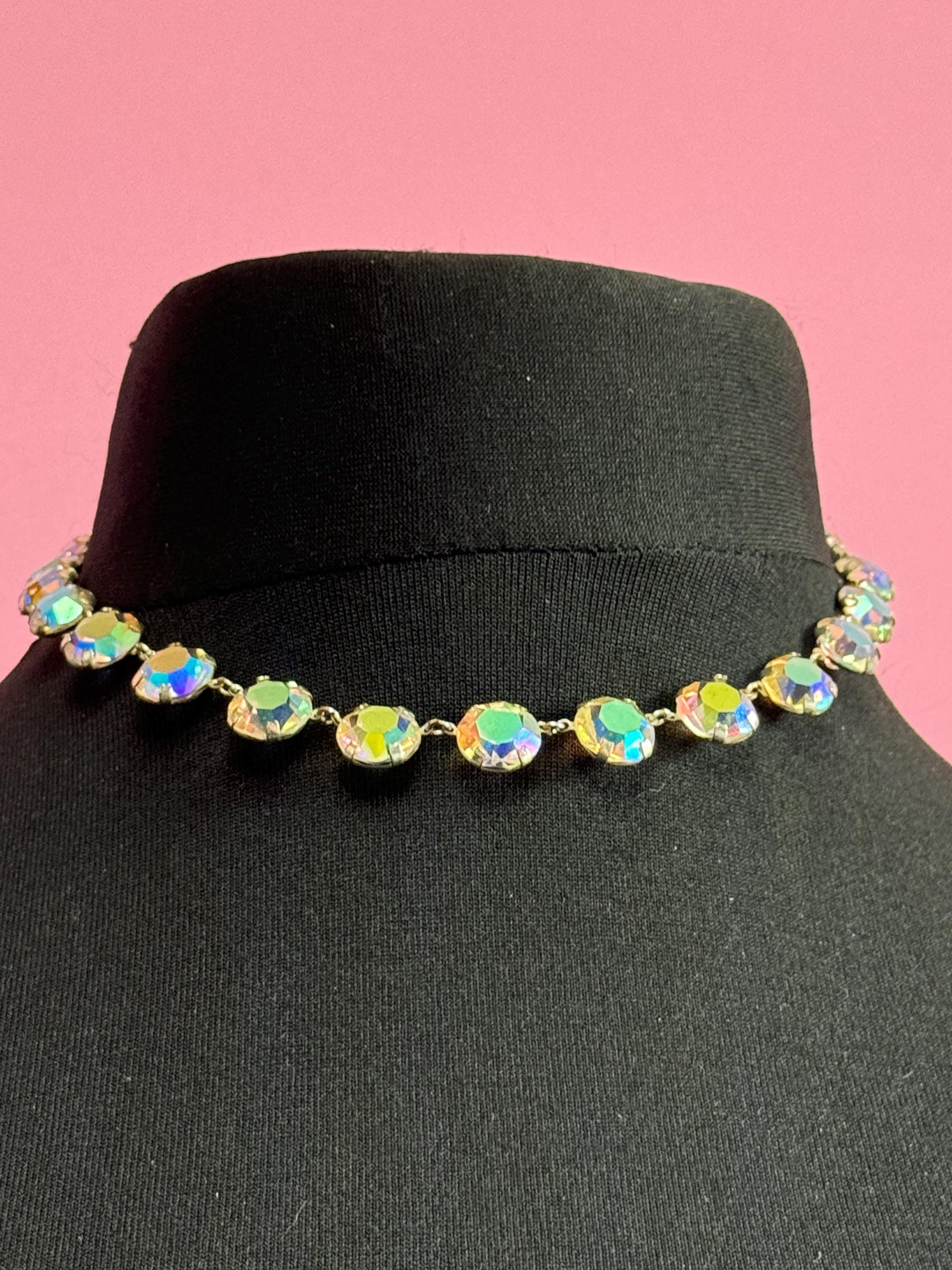 Vintage AB Aurora borealis glass necklace rainbow glass open back crystal rivière bezel set