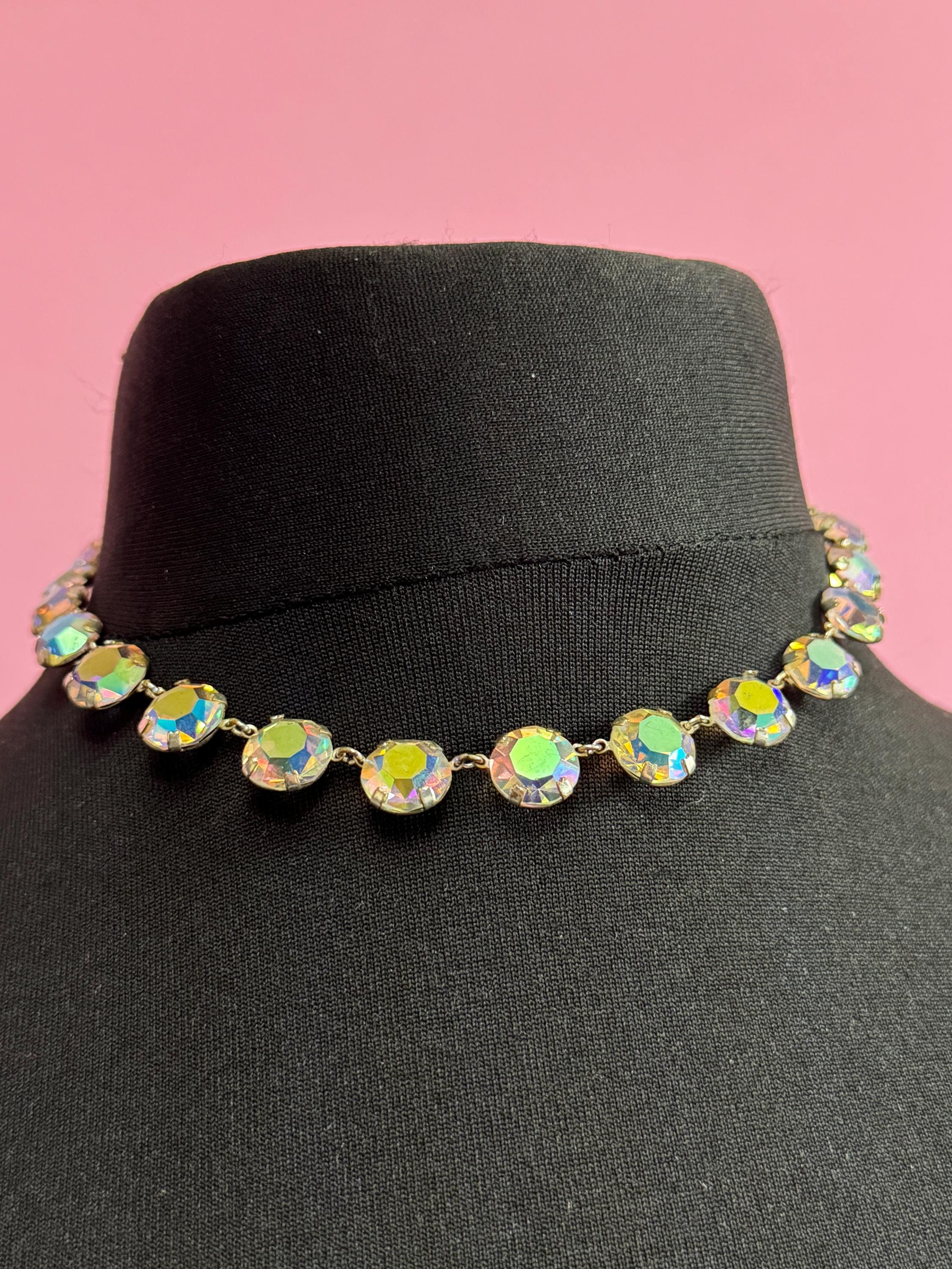 Vintage AB Aurora borealis glass necklace rainbow glass open back crystal rivière bezel set
