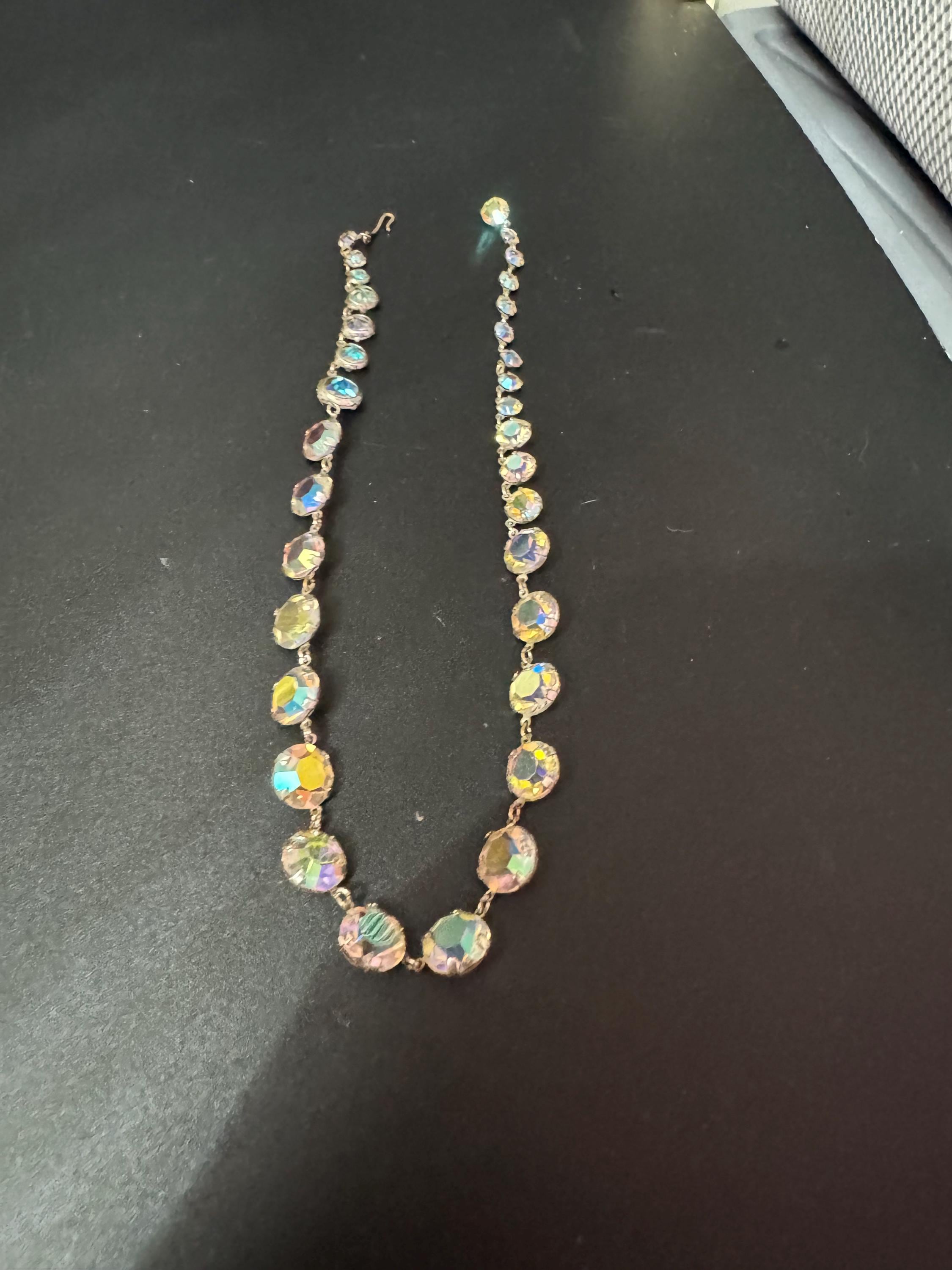 Vintage AB Aurora borealis glass necklace rainbow glass open back crystal rivière bezel set