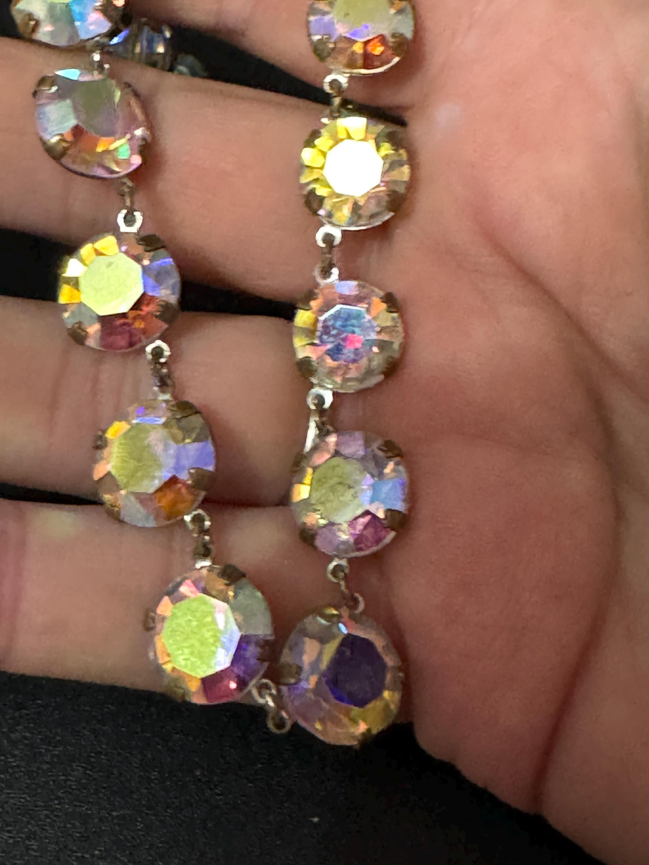 Petite fit Vintage AB Aurora borealis glass necklace rainbow glass open back crystal rivière bezel set