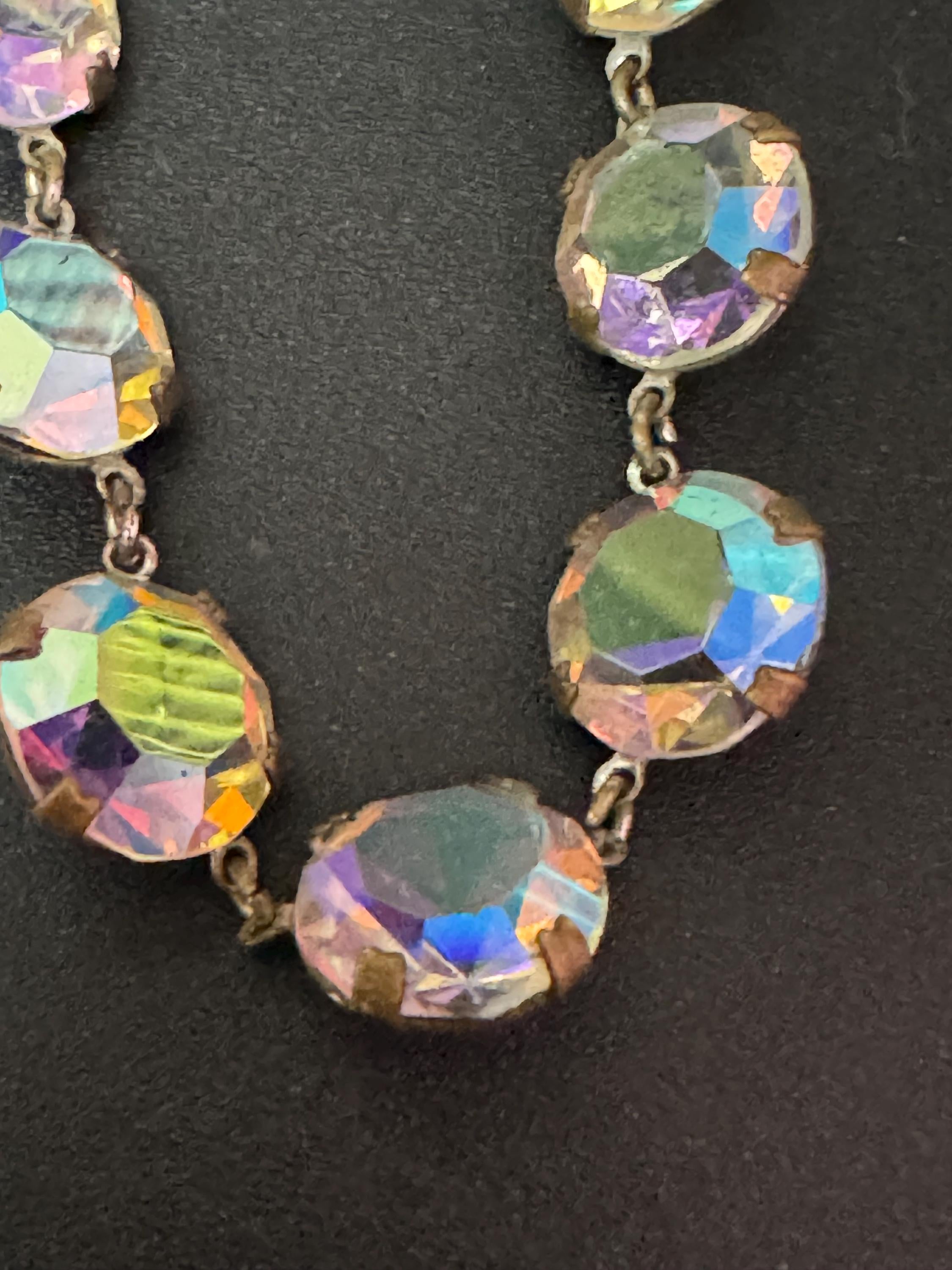 Petite fit Vintage AB Aurora borealis glass necklace rainbow glass open back crystal rivière bezel set