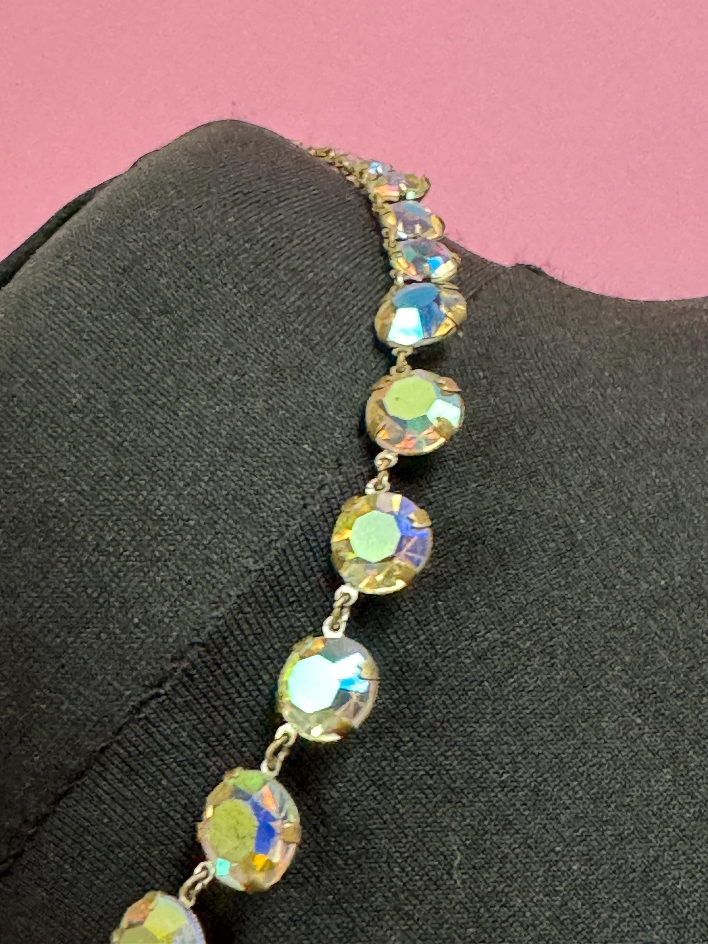 Petite fit Vintage AB Aurora borealis glass necklace rainbow glass open back crystal rivière bezel set