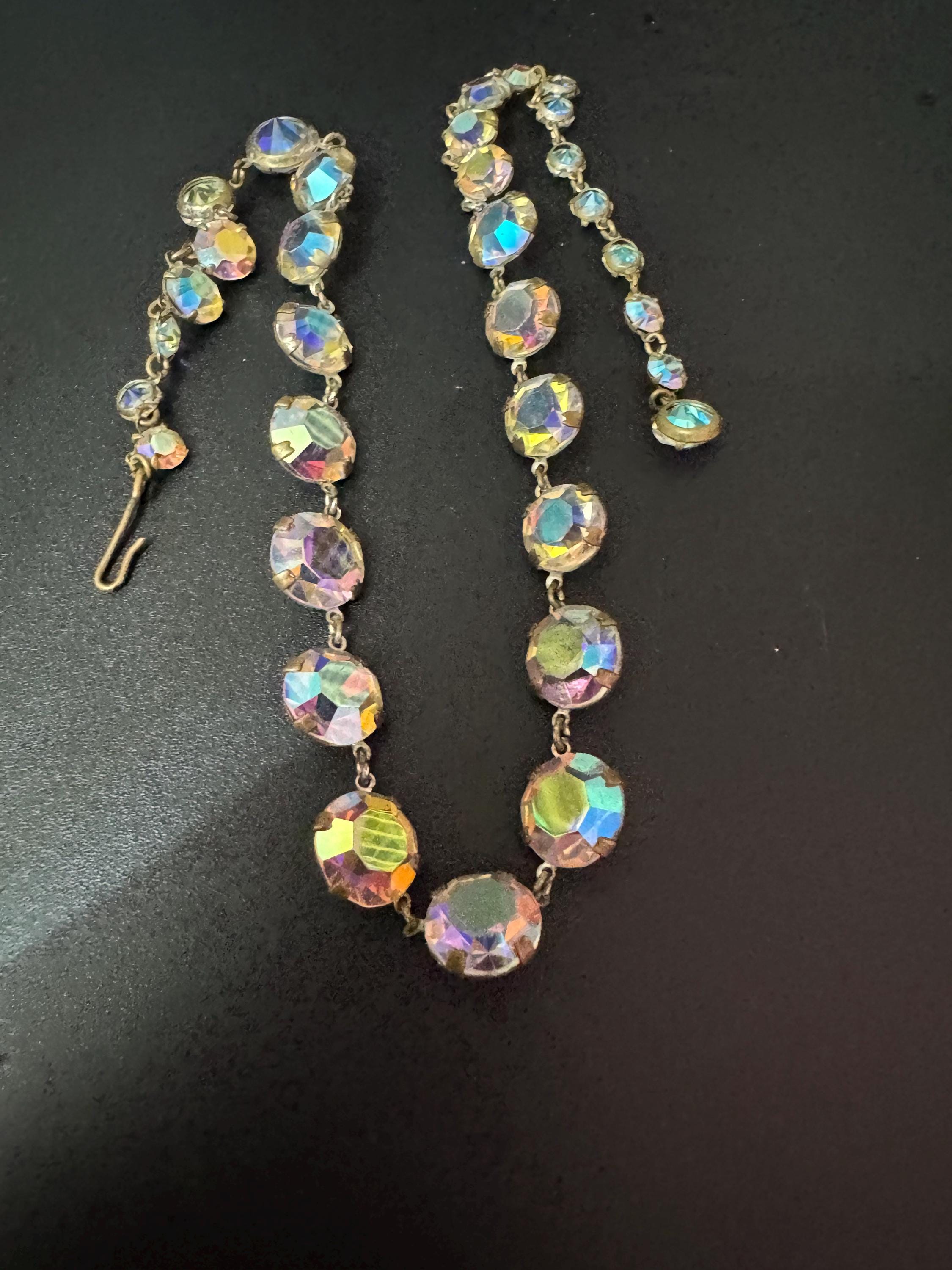 Petite fit Vintage AB Aurora borealis glass necklace rainbow glass open back crystal rivière bezel set