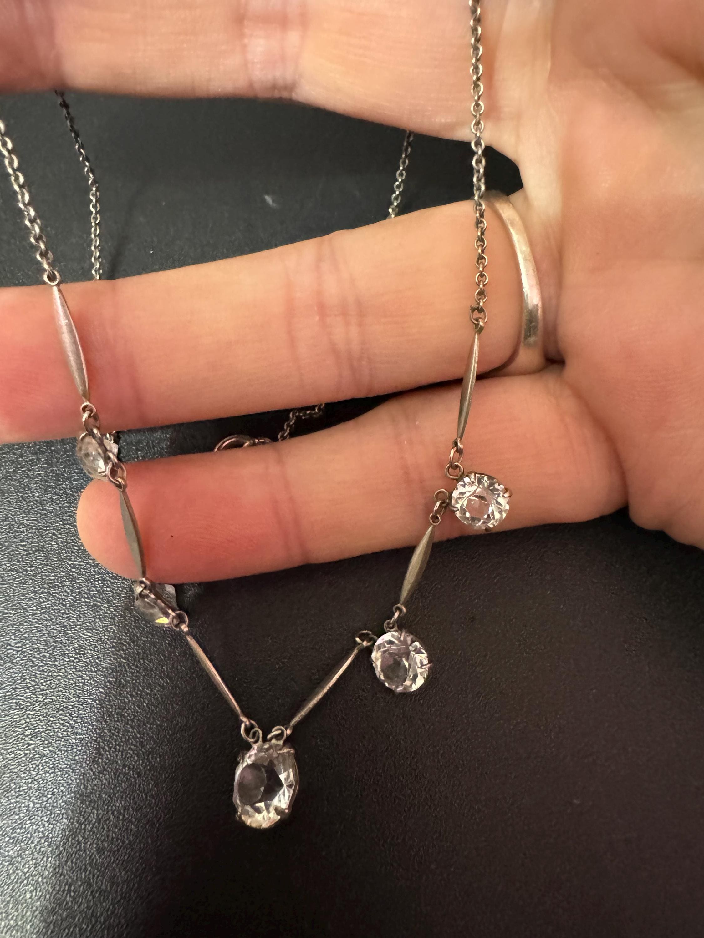 Art Deco Sterling Silver Diamanté Necklace: 1920s Paste Rhinestone, 40cm