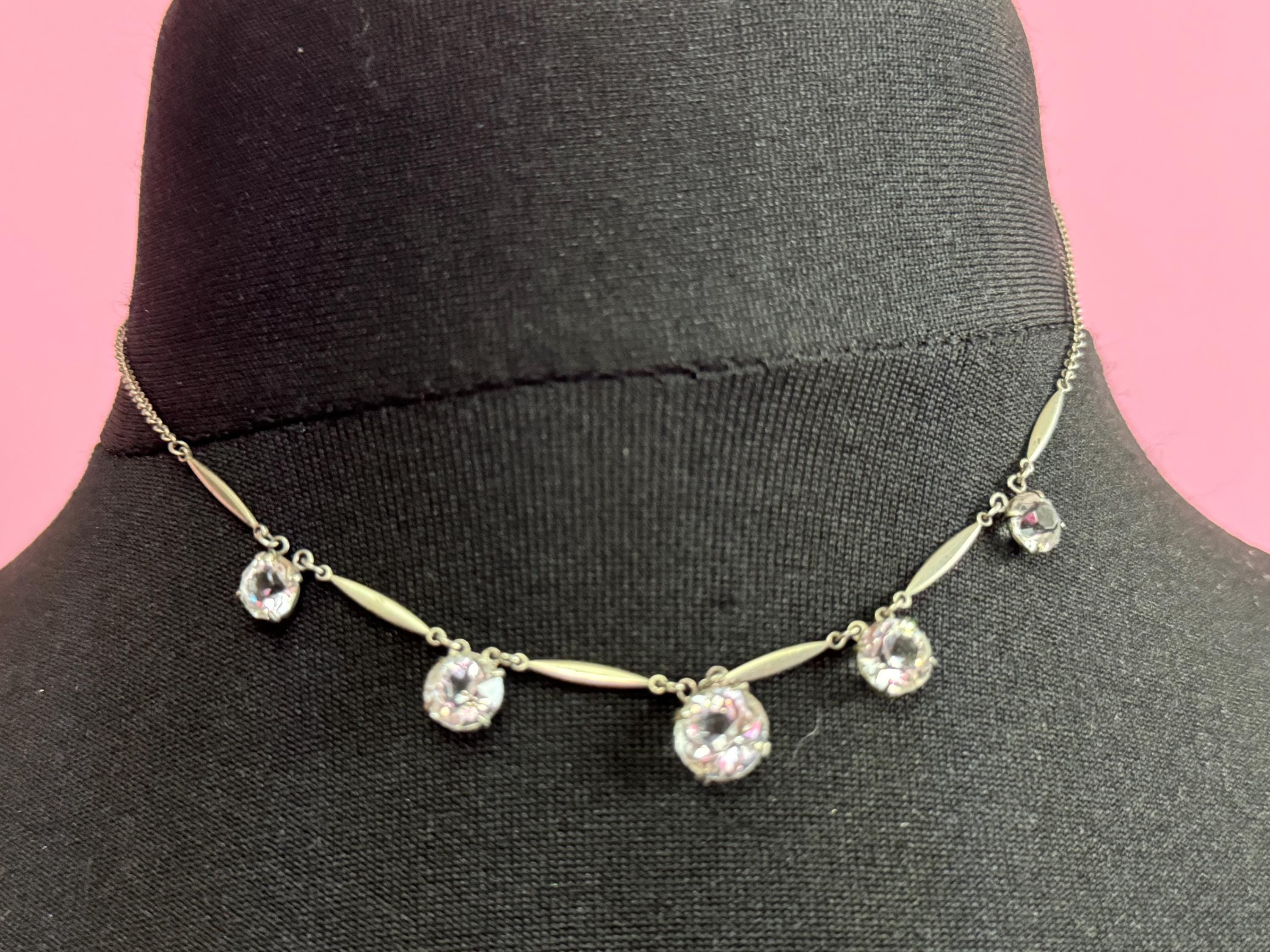Art Deco Sterling Silver Diamanté Necklace: 1920s Paste Rhinestone, 40cm