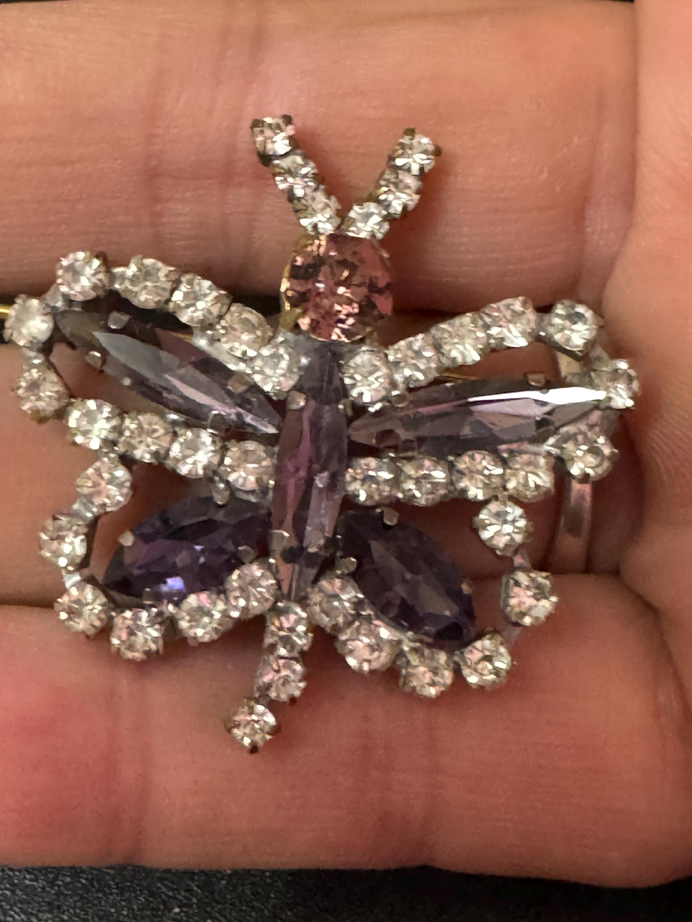 Vintage Czech Rhinestone Butterfly Brooch: Lilac & Clear Glass