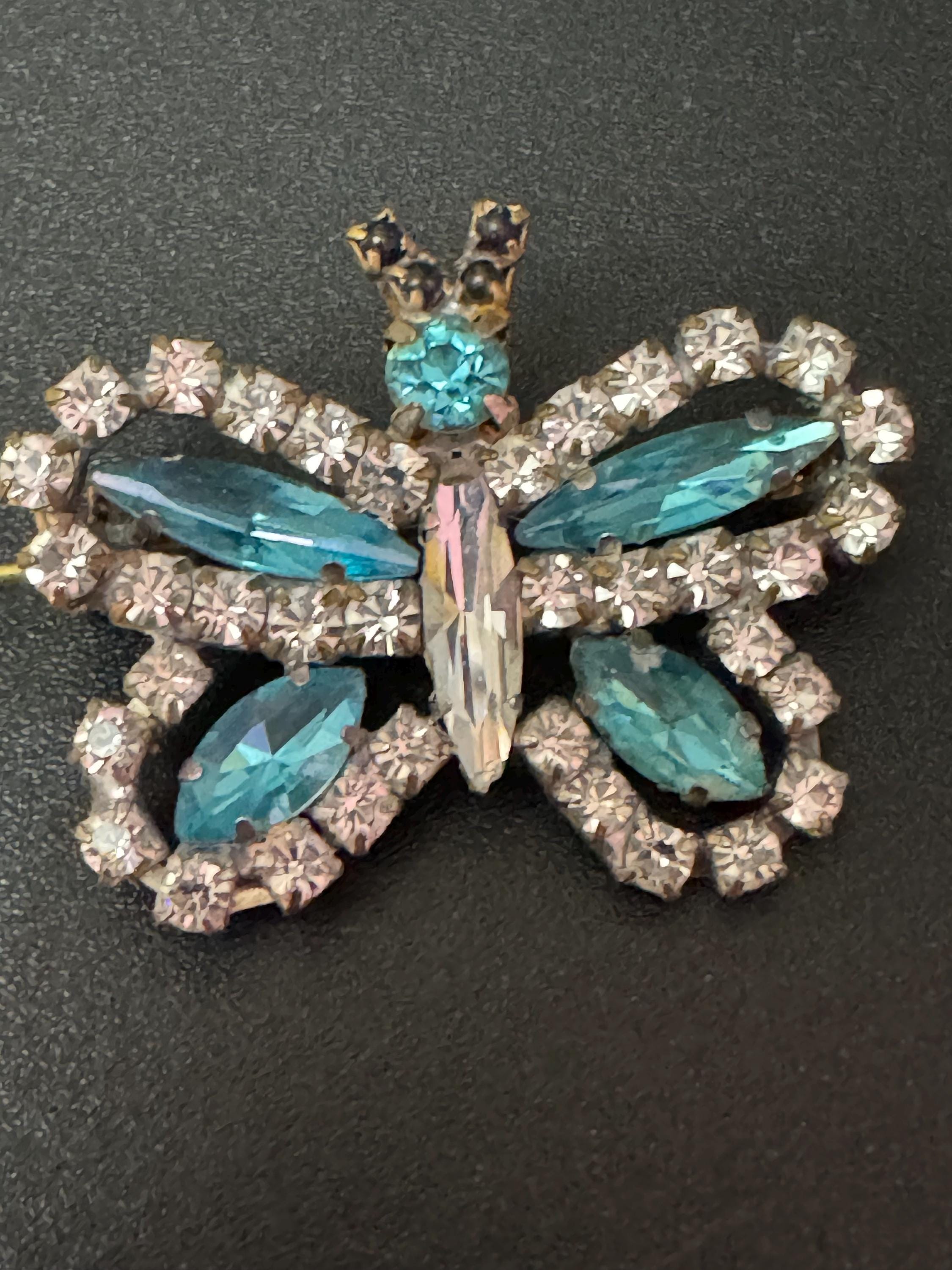 Vintage Genuine Czech Rhinestone diamanté paste Butterfly Brooch turquoise blue and clear Glass stones