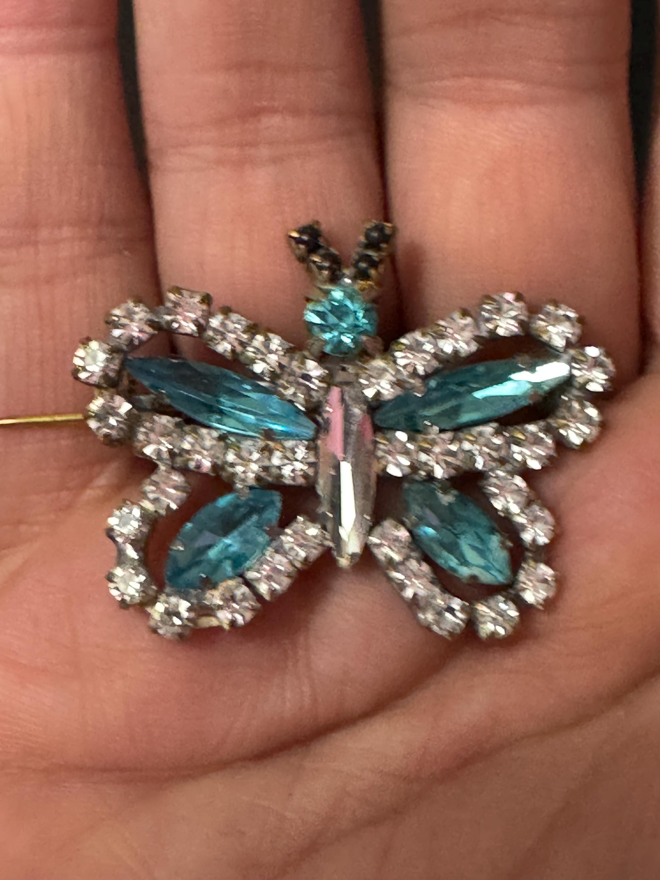 Vintage Genuine Czech Rhinestone diamanté paste Butterfly Brooch turquoise blue and clear Glass stones