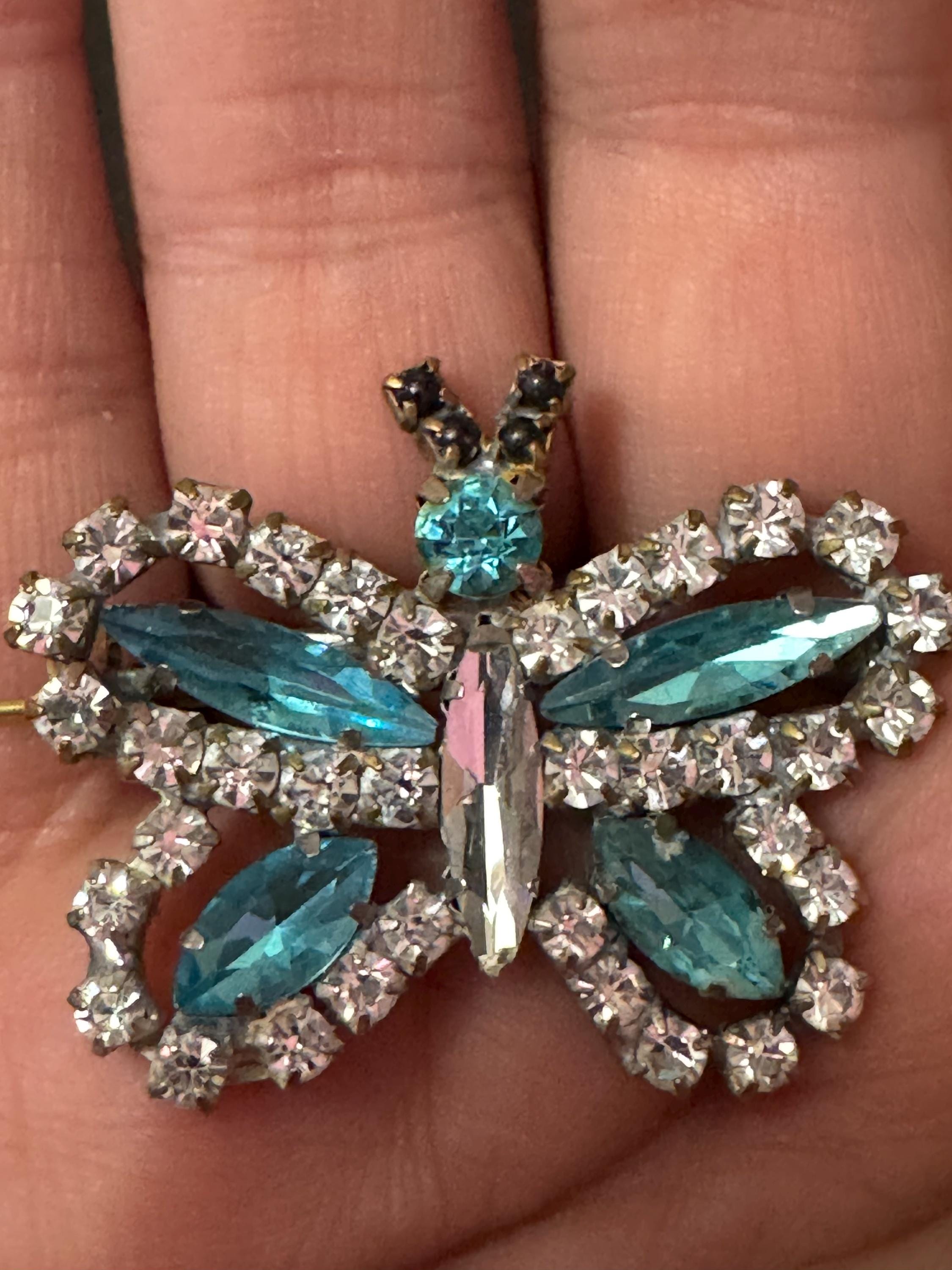 Vintage Genuine Czech Rhinestone diamanté paste Butterfly Brooch turquoise blue and clear Glass stones