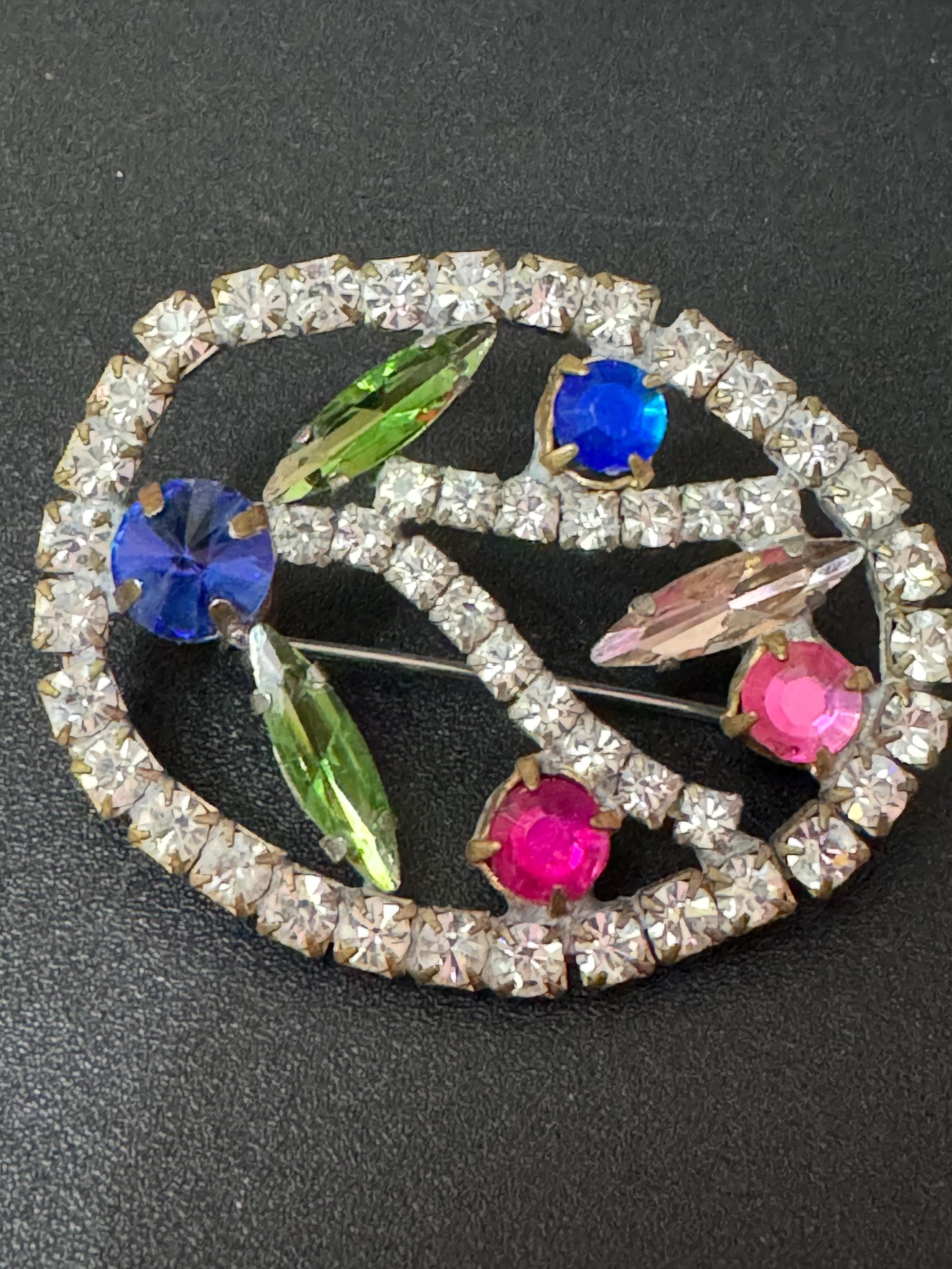 Vintage Czech Floral Brooch: Diamanté Rainbow Cabochons