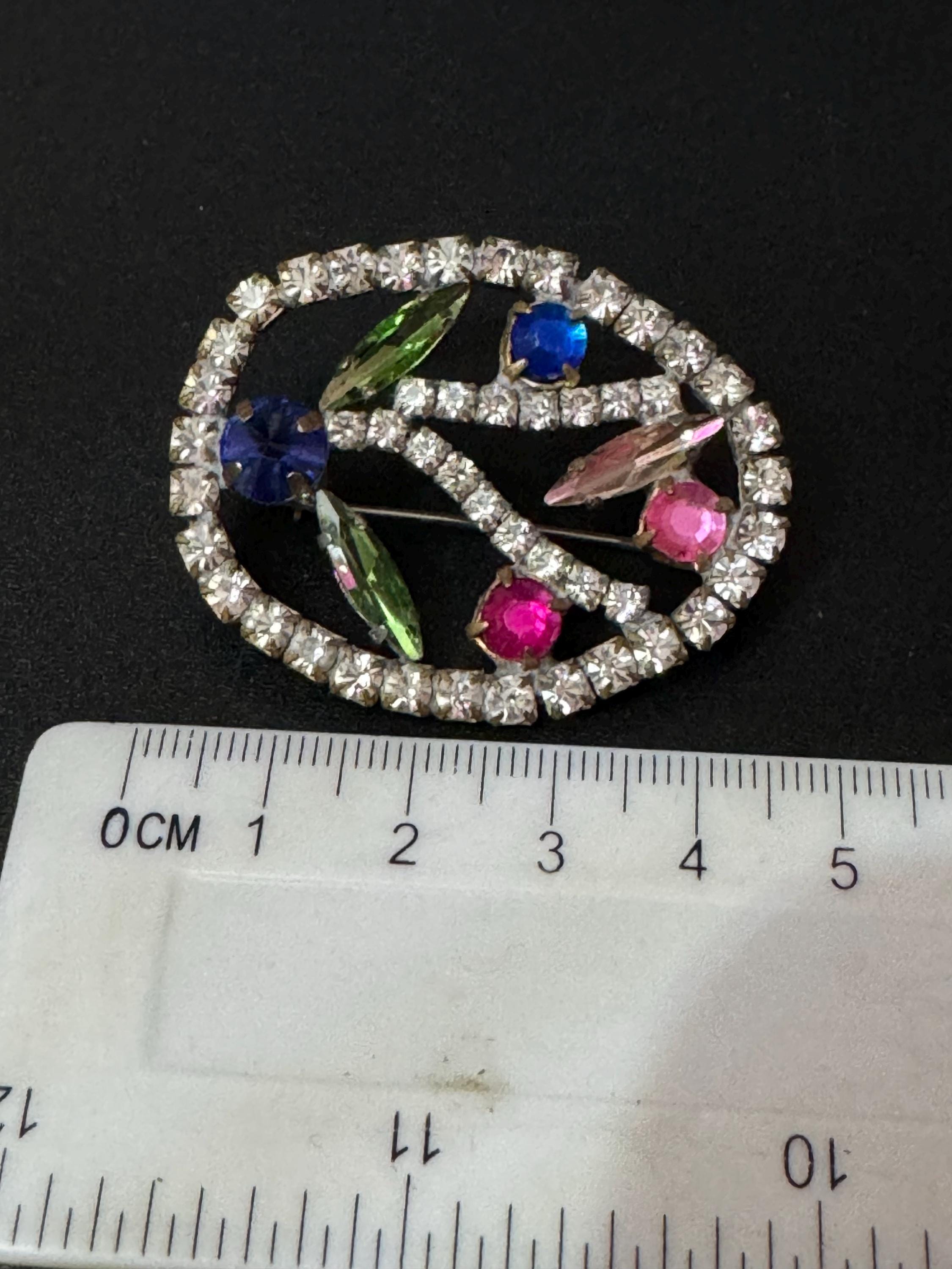 Vintage Czech Floral Brooch: Diamanté Rainbow Cabochons
