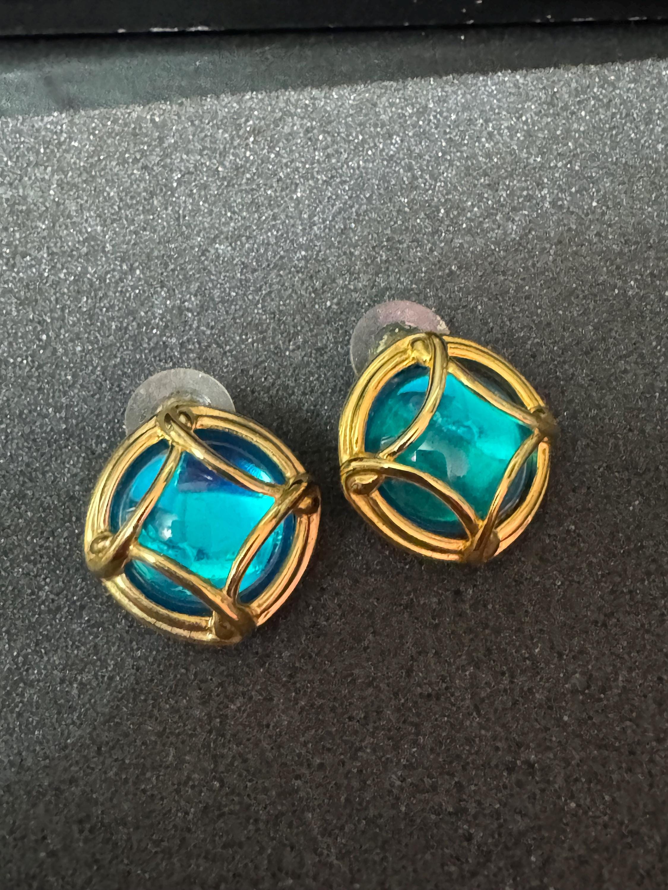 Signed Joan rivers collection of interchangeable glass cabochons gold tone pierced stud earrings pearl ruby emerald amethyst grey glass set