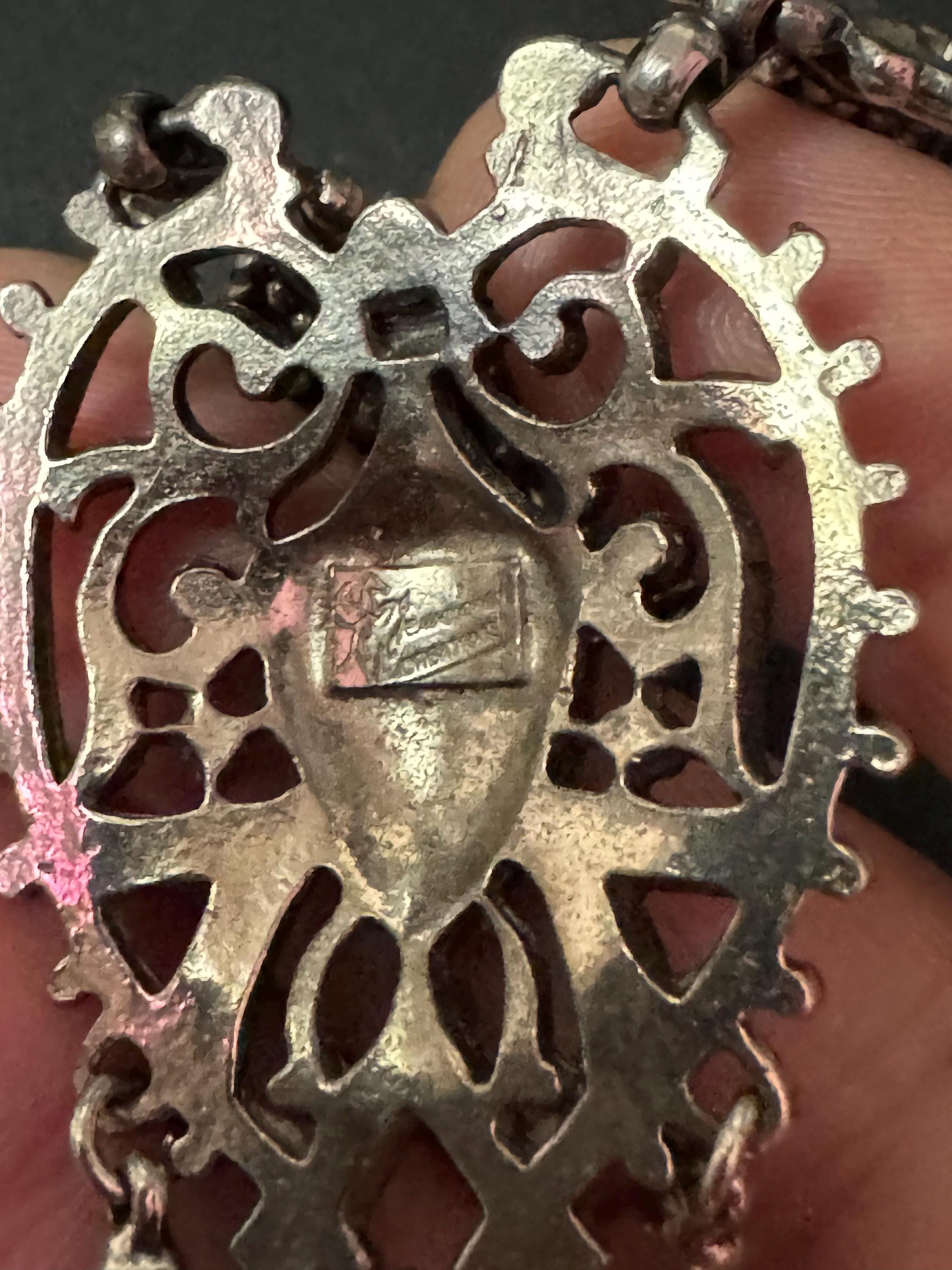 JEWELCRAFT necklace signed Vintage french style rococo ornate silver tone detailed pendant drop necklace