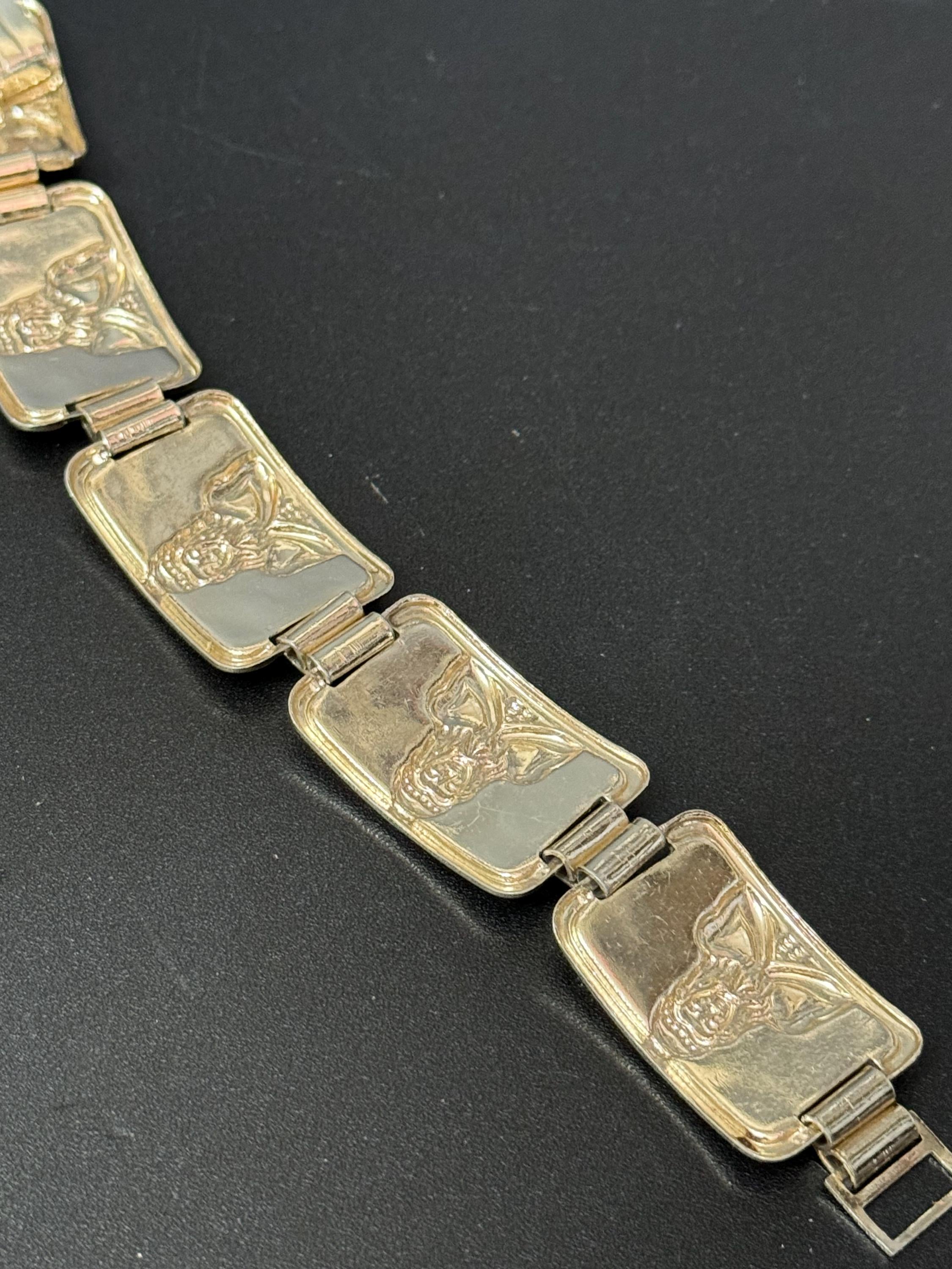 Egyptian revival Vintage Silver Tone cream celluloid Souvenir tourist panel link bracelet lightweight aluminium