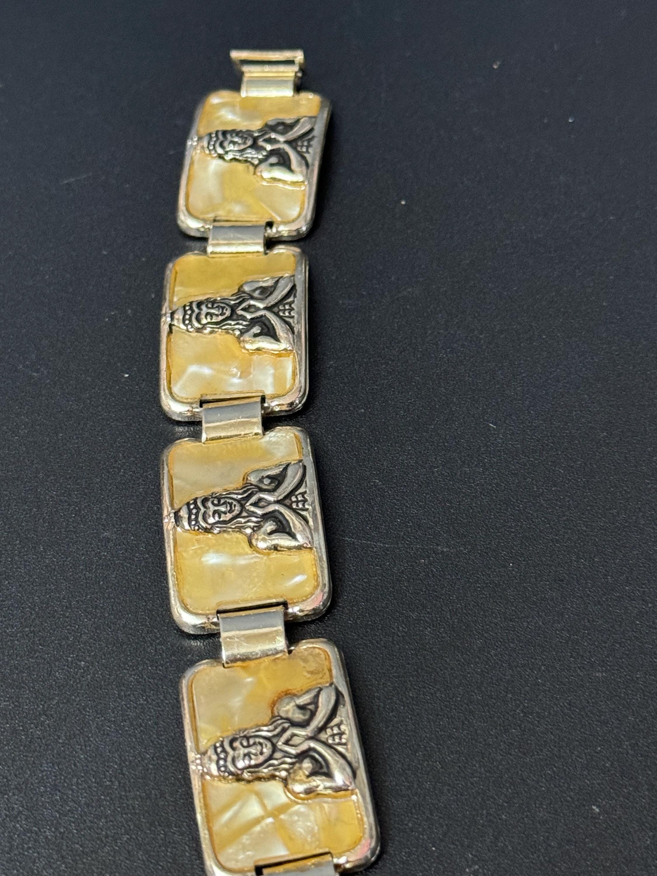 Egyptian revival Vintage Silver Tone cream celluloid Souvenir tourist panel link bracelet lightweight aluminium